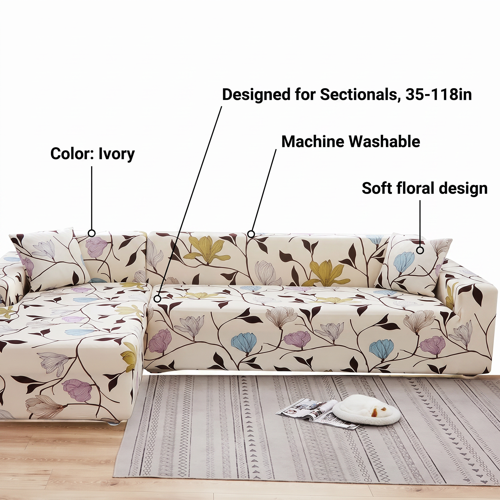 Stretch Sectional Couch Cover – Ivory Multicolor Floral Print – features and specifications overview | Brivenzo
