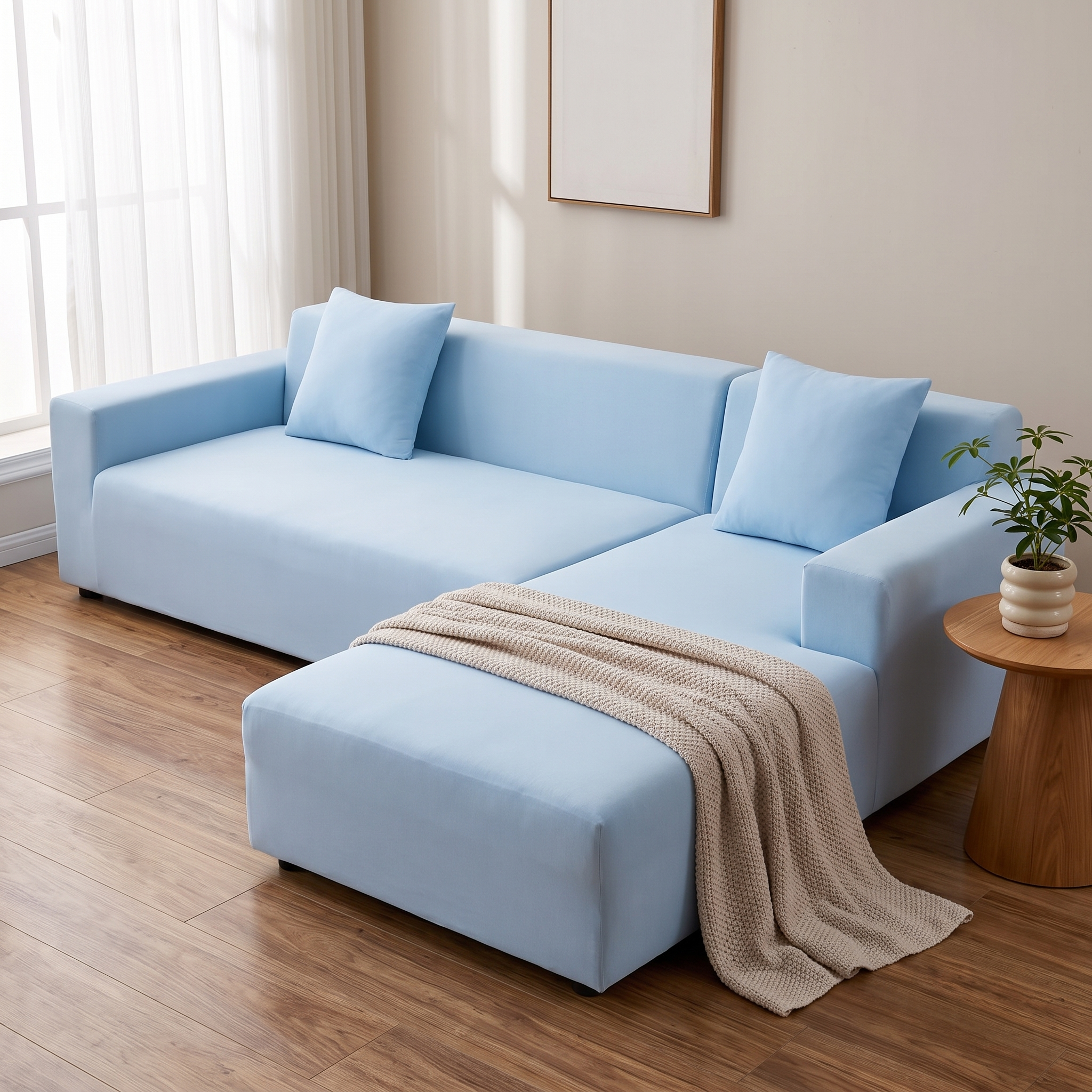 Stretch Sectional Couch Cover – Light Blue Stretch Fabric shown in a styled home interior | Brivenzo