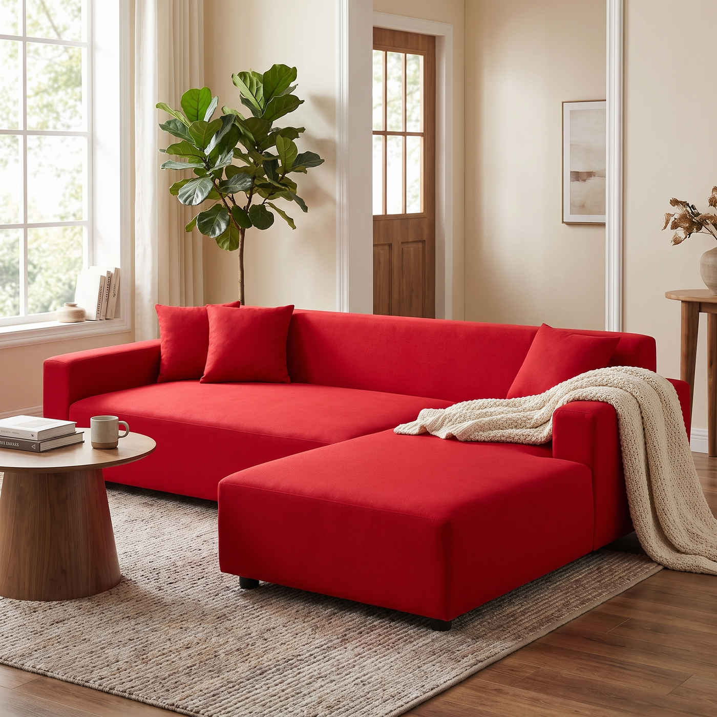 Stretch Sectional Couch Cover – Light Red shown in a styled home interior | Brivenzo