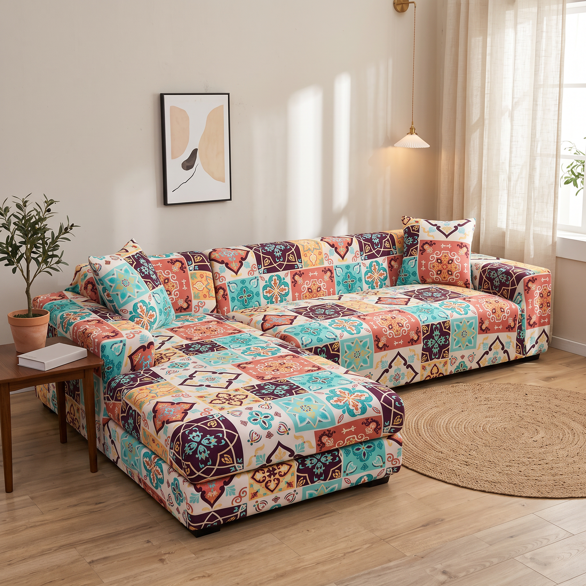 Stretch Sectional Couch Cover – Mosaic Tile Print shown in a styled home interior | Brivenzo