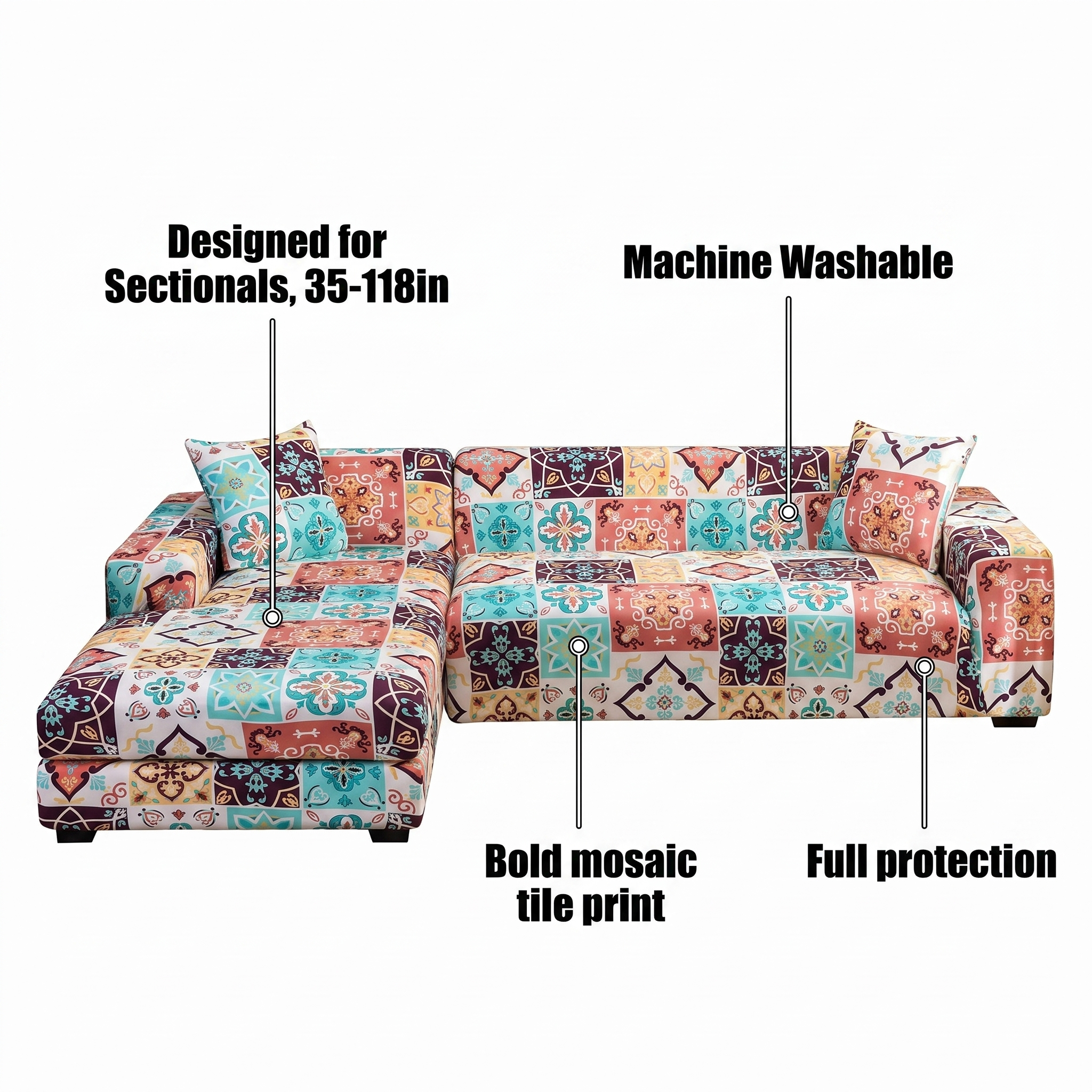 Stretch Sectional Couch Cover – Mosaic Tile Print – features and specifications overview | Brivenzo