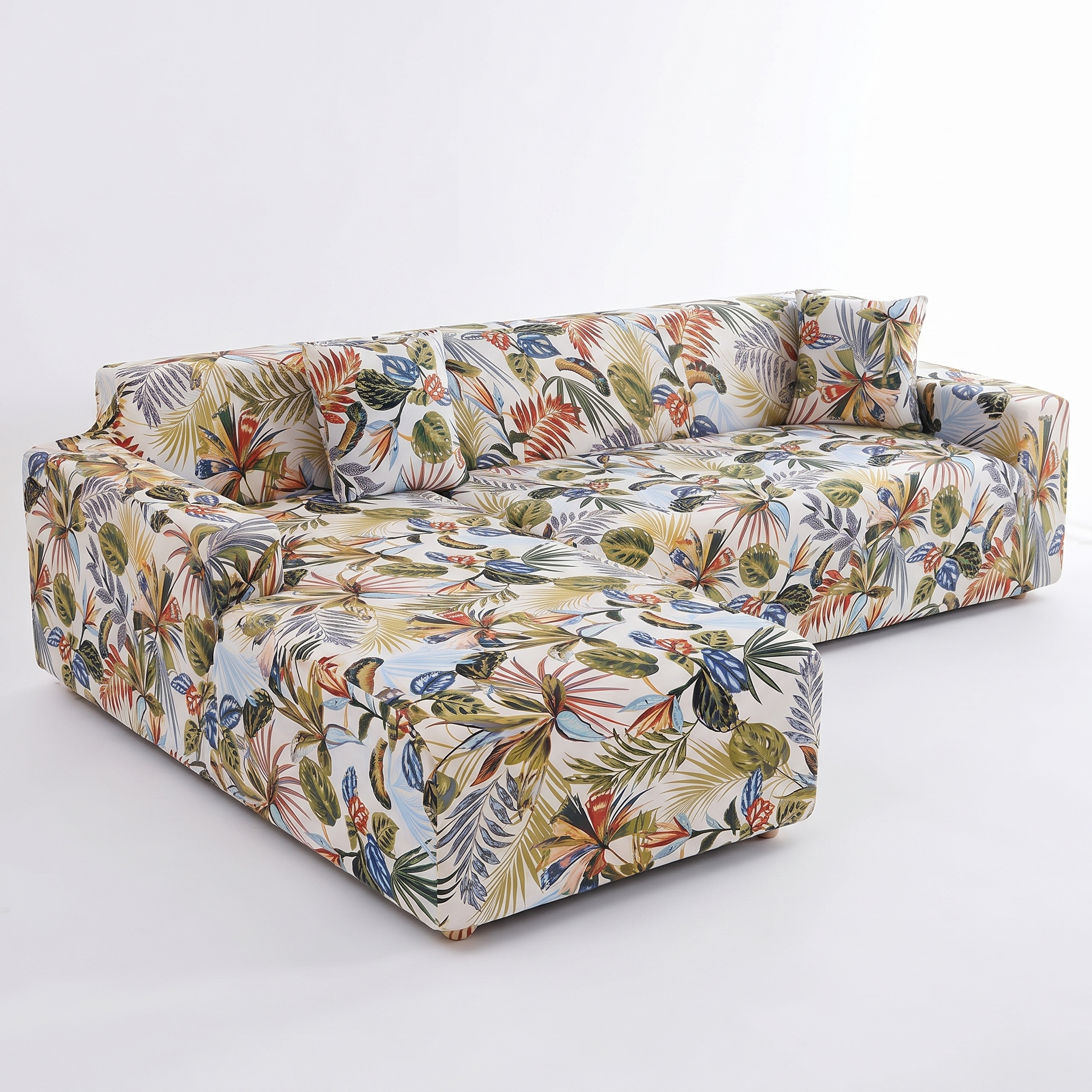 Stretch Sectional Couch Cover – Multicolor Tropical Leaf Print – product photo on a white background | Brivenzo