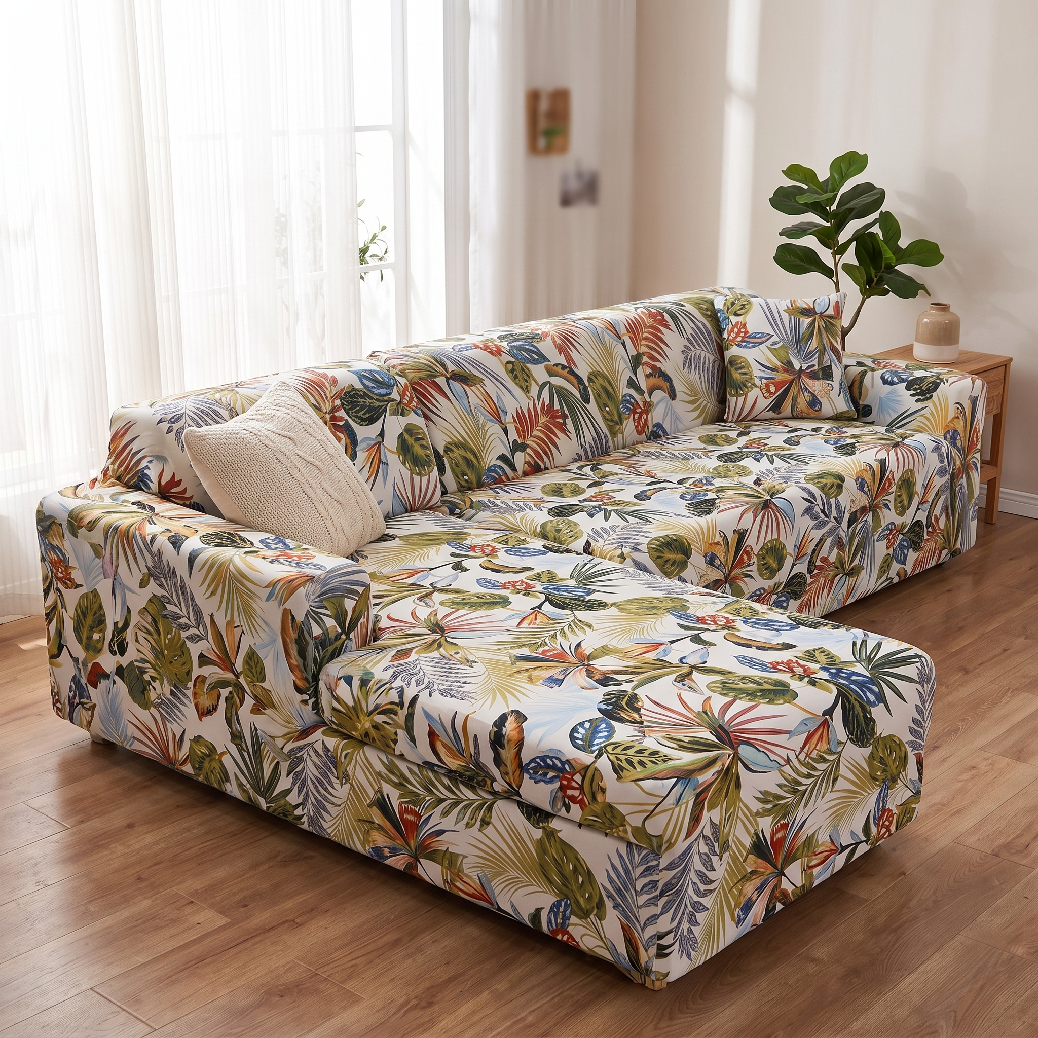 Stretch Sectional Couch Cover – Multicolor Tropical Leaf Print shown in a styled home interior | Brivenzo