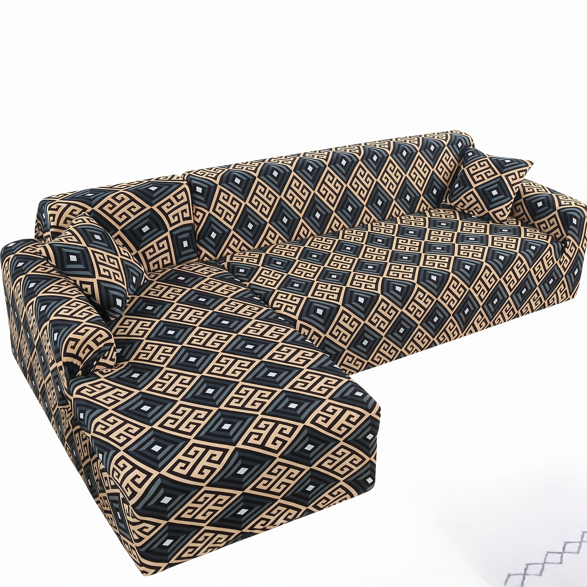 Stretch Sectional Couch Cover – Navy & Gold Greek Key Print – product photo on a white background | Brivenzo