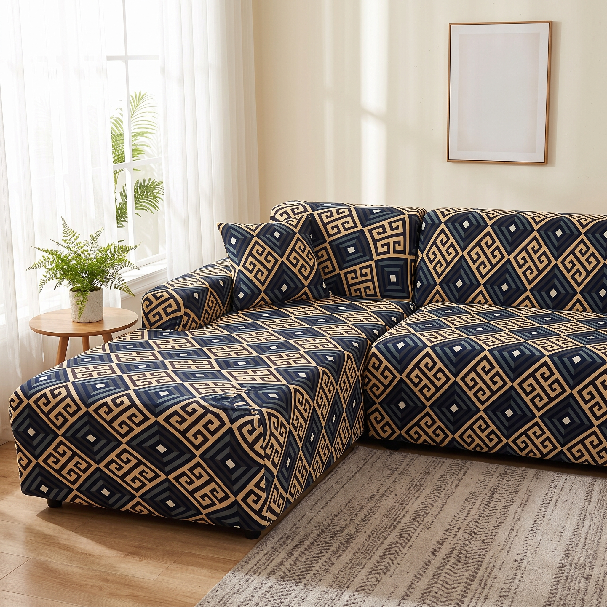 Stretch Sectional Couch Cover – Navy & Gold Greek Key Print shown in a styled home interior | Brivenzo