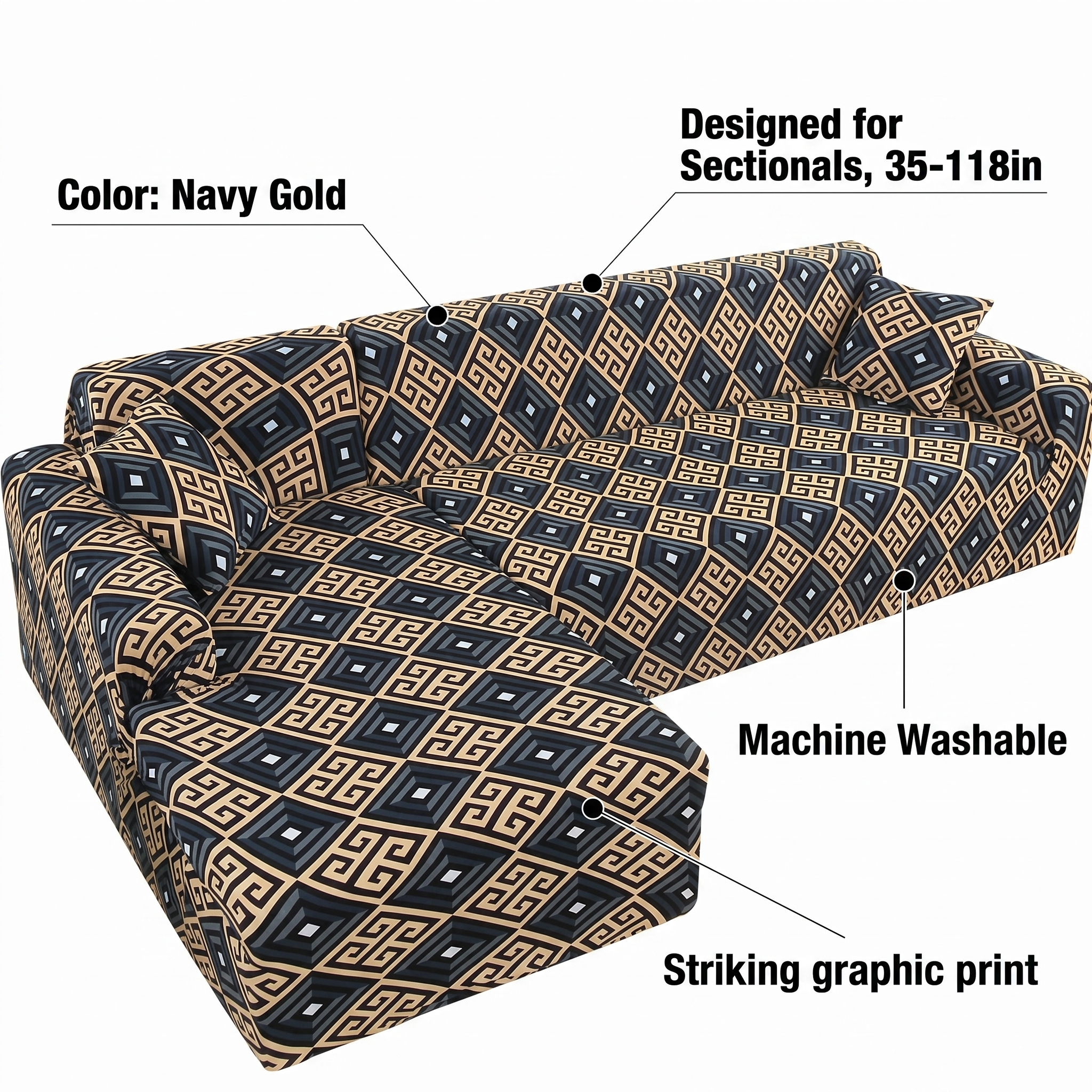 Stretch Sectional Couch Cover – Navy & Gold Greek Key Print – features and specifications overview | Brivenzo