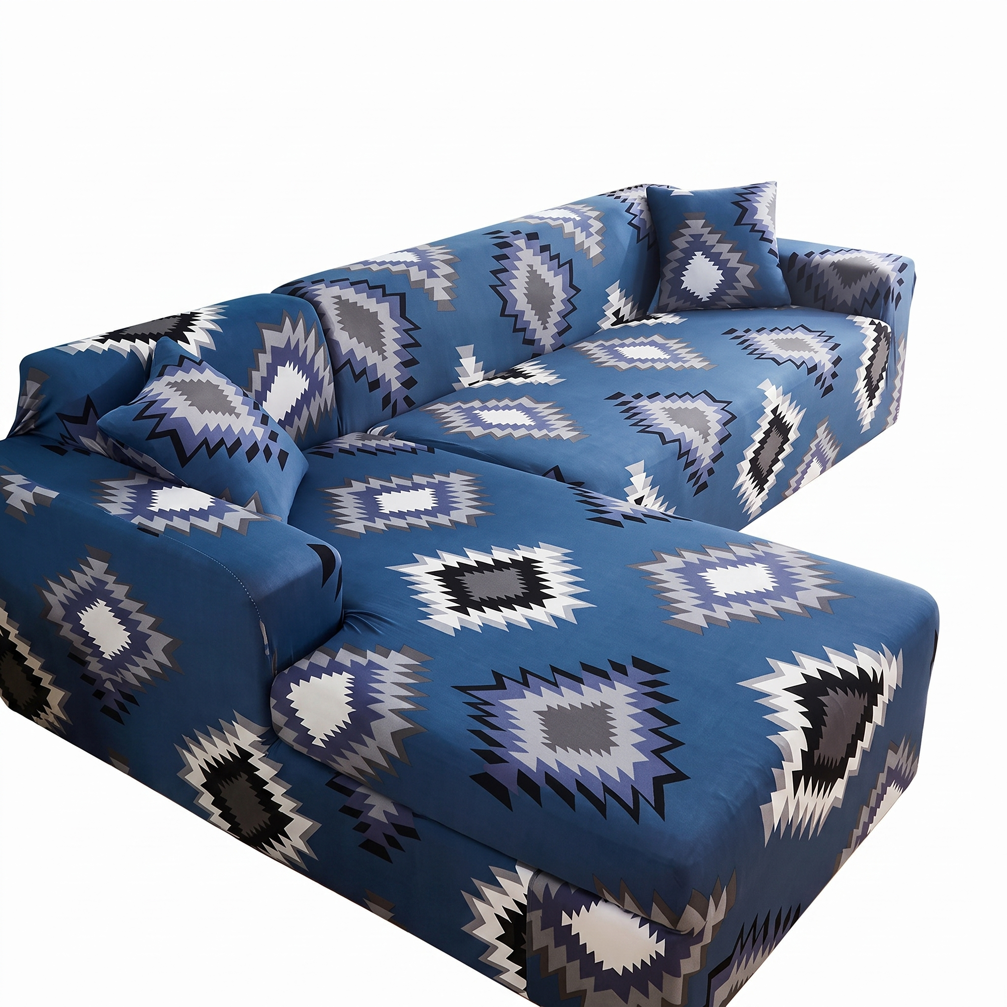 Stretch Sectional Couch Cover – Navy Blue Aztec Diamond Print – product photo on a white background | Brivenzo