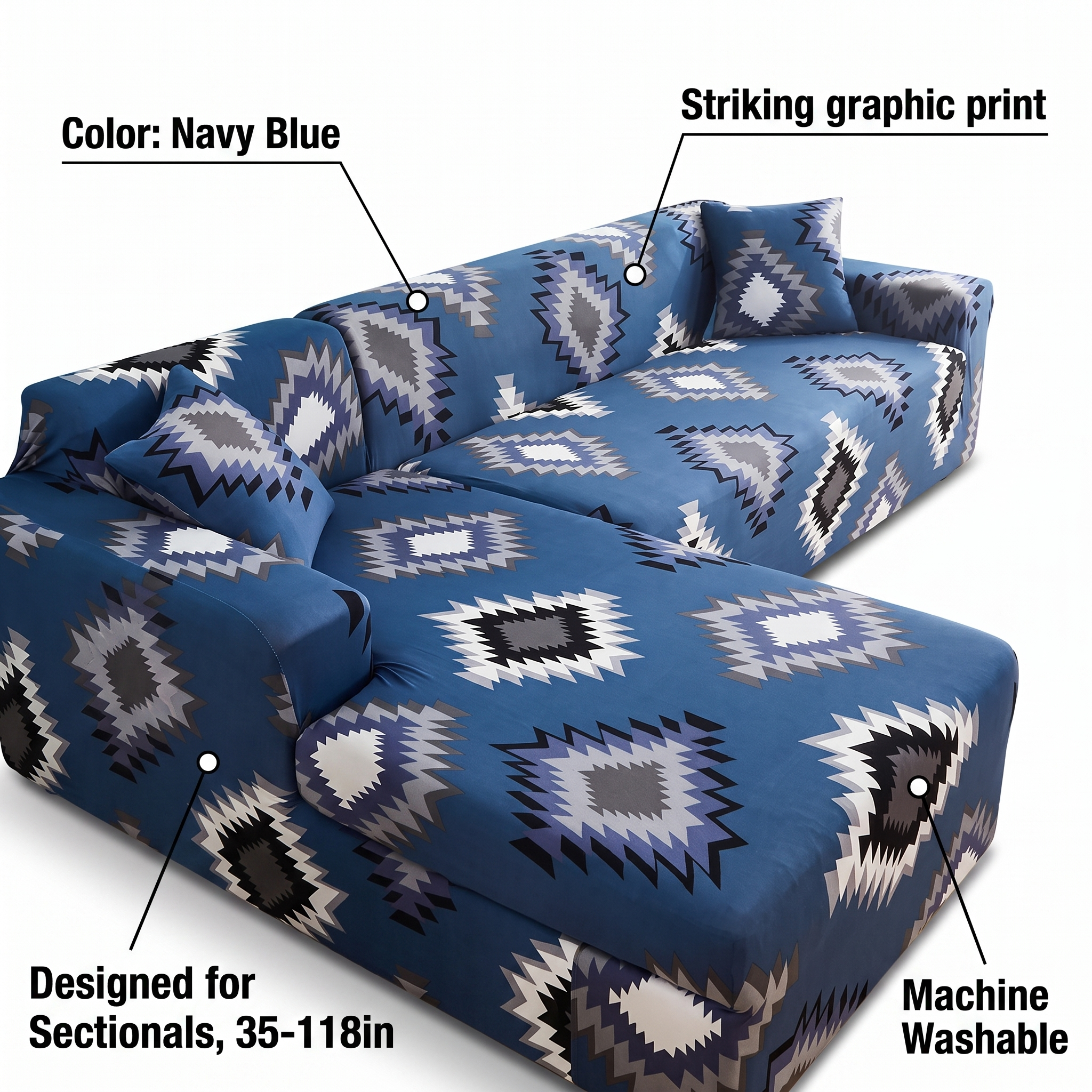 Stretch Sectional Couch Cover – Navy Blue Aztec Diamond Print – features and specifications overview | Brivenzo