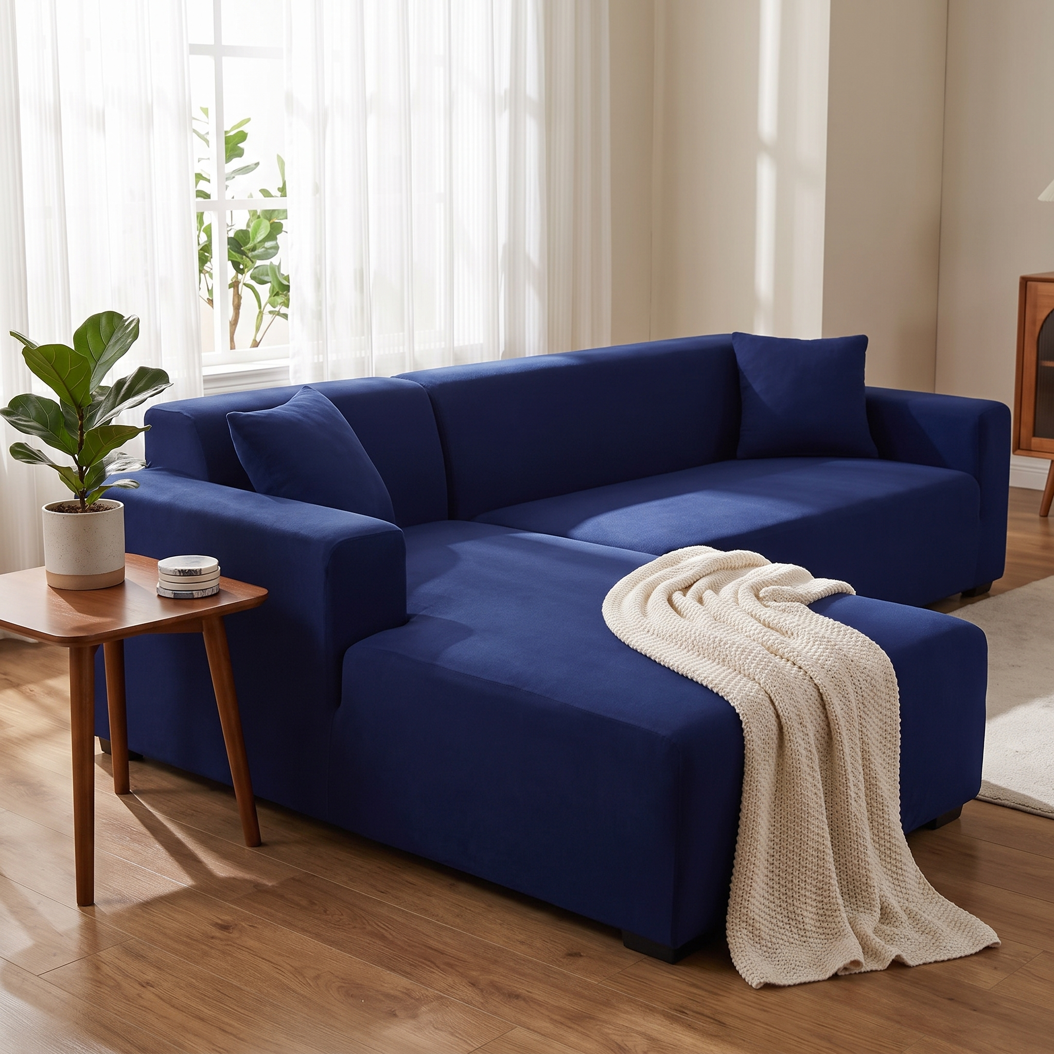 Stretch Sectional Couch Cover – Navy Blue shown in a styled home interior | Brivenzo