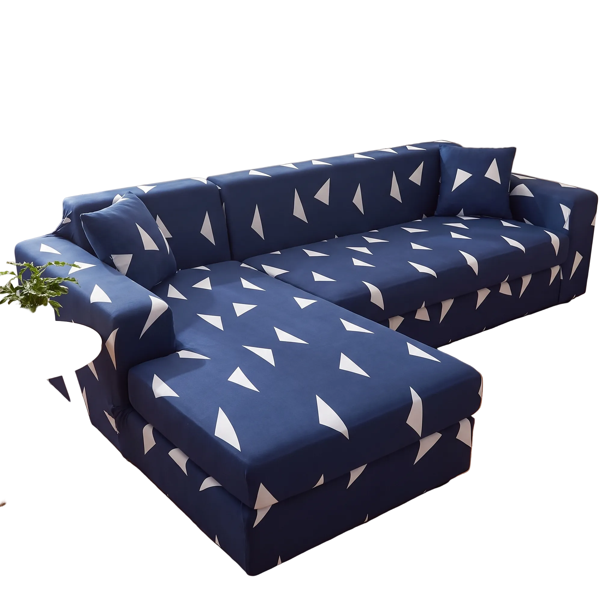Stretch Sectional Couch Cover – Navy Blue Triangle Print shown in a styled home interior | Brivenzo