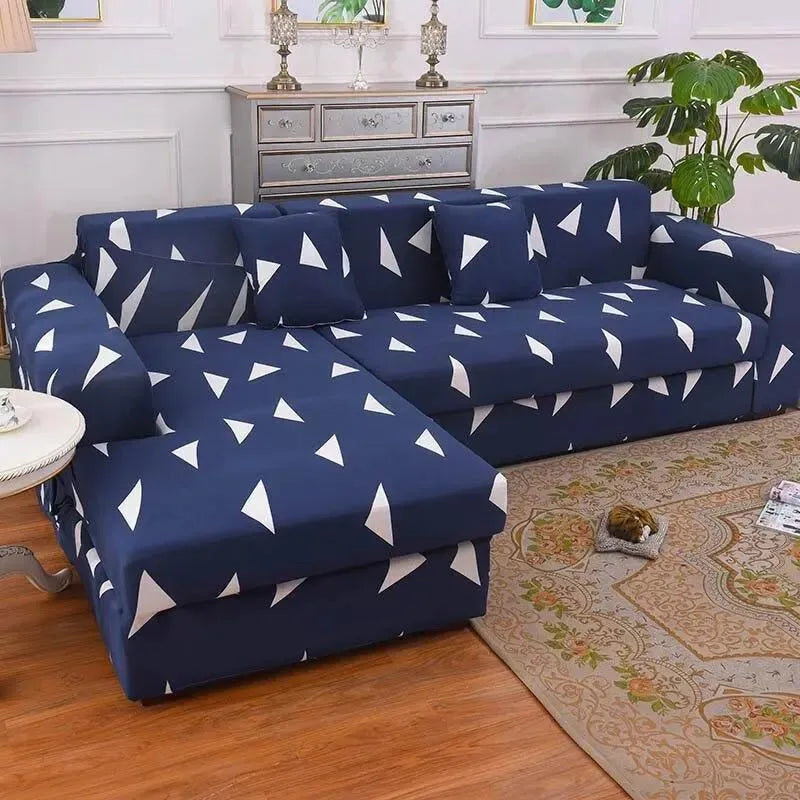 Stretch Sectional Couch Cover – Navy Blue Triangle Print – product view 3 | Brivenzo