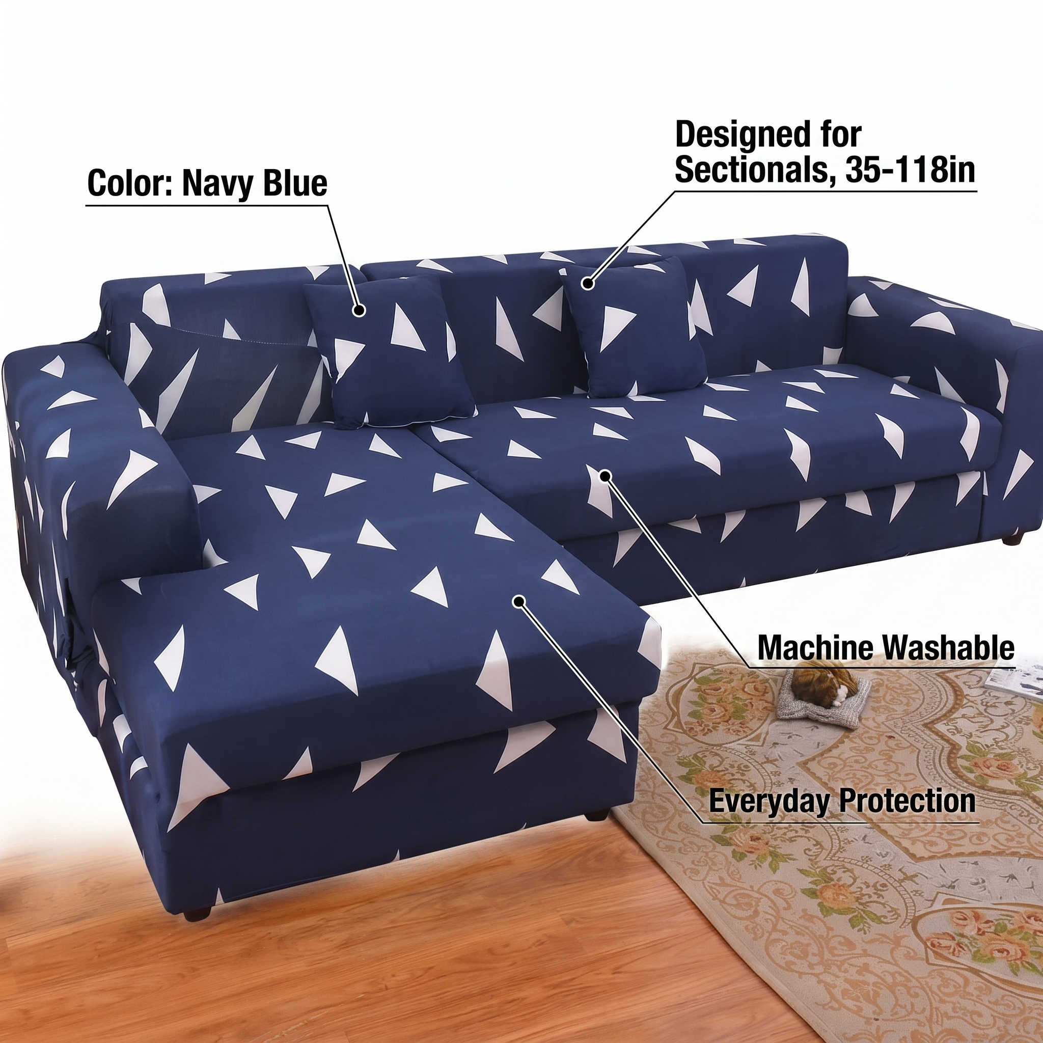 Stretch Sectional Couch Cover – Navy Blue Triangle Print – features and specifications overview | Brivenzo