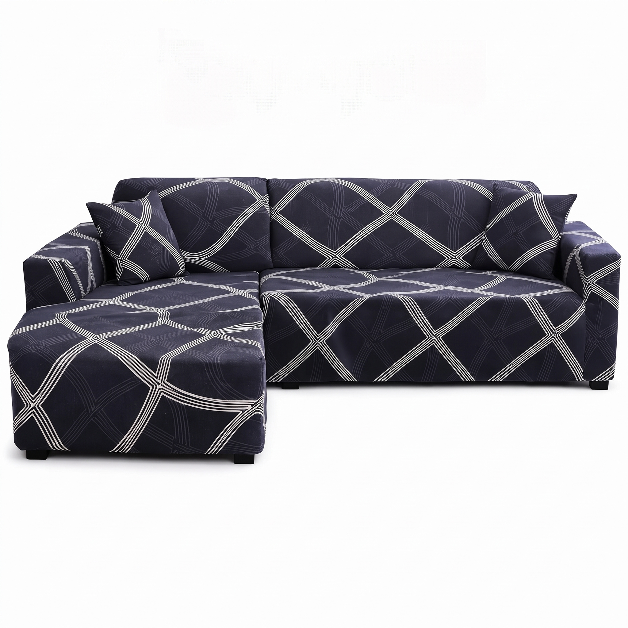 Stretch Sectional Couch Cover – Navy Diamond Trellis Print – product photo on a white background | Brivenzo