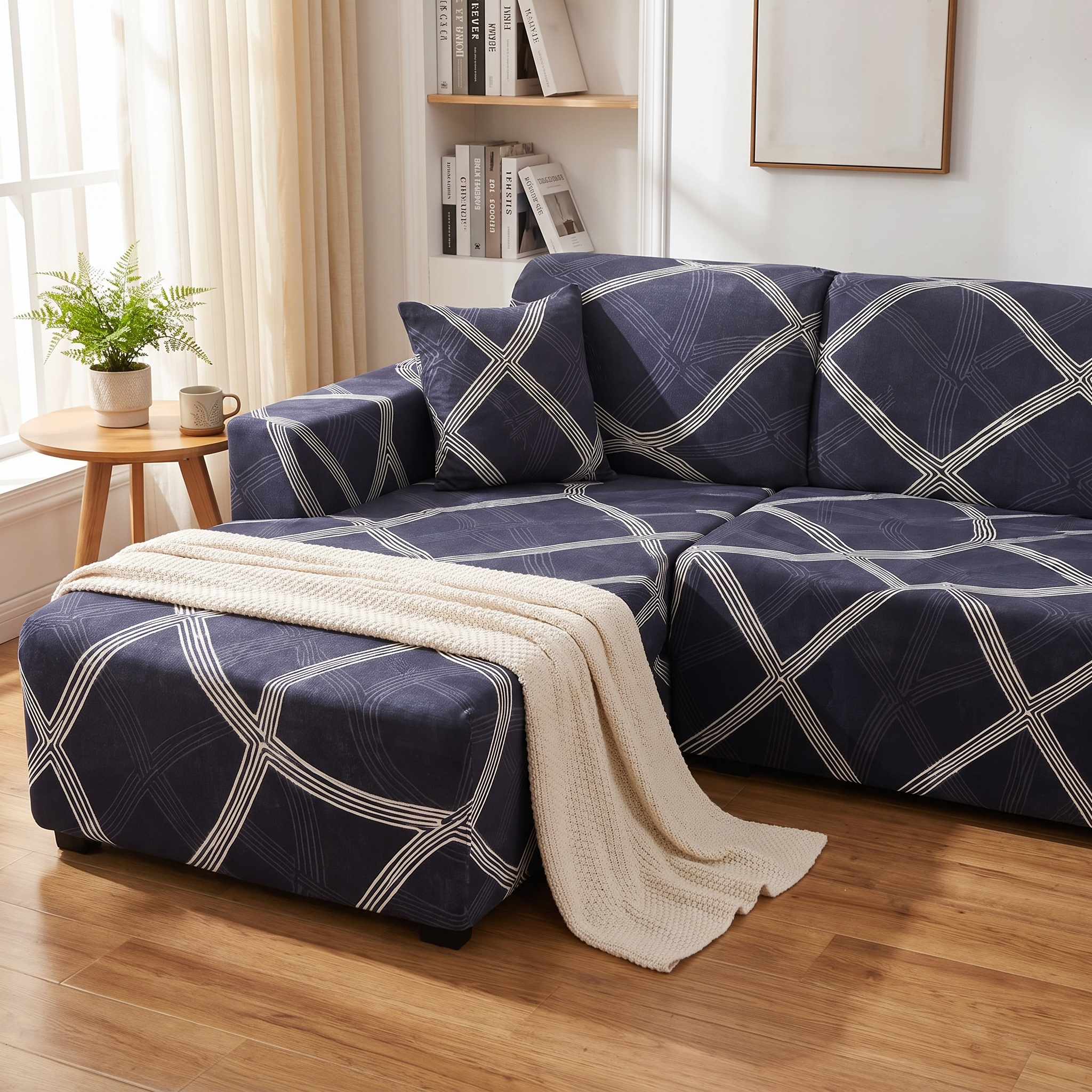 Stretch Sectional Couch Cover – Navy Diamond Trellis Print shown in a styled home interior | Brivenzo