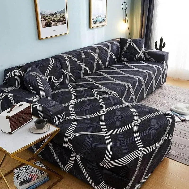 Stretch Sectional Couch Cover – Navy Diamond Trellis Print – product view 4 | Brivenzo