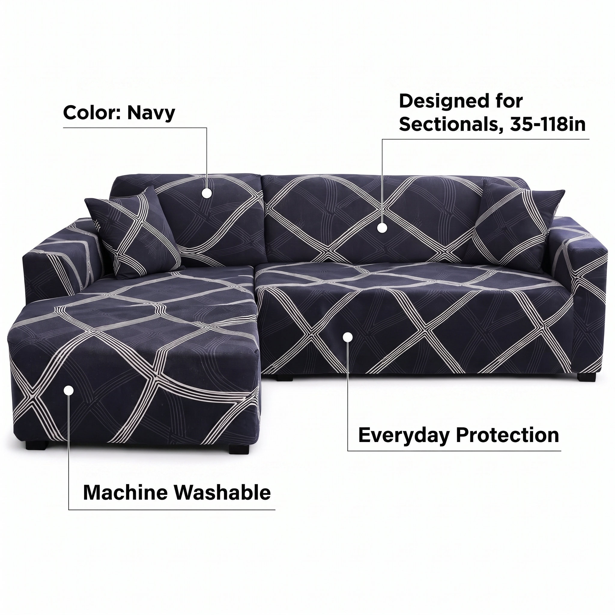 Stretch Sectional Couch Cover – Navy Diamond Trellis Print – features and specifications overview | Brivenzo