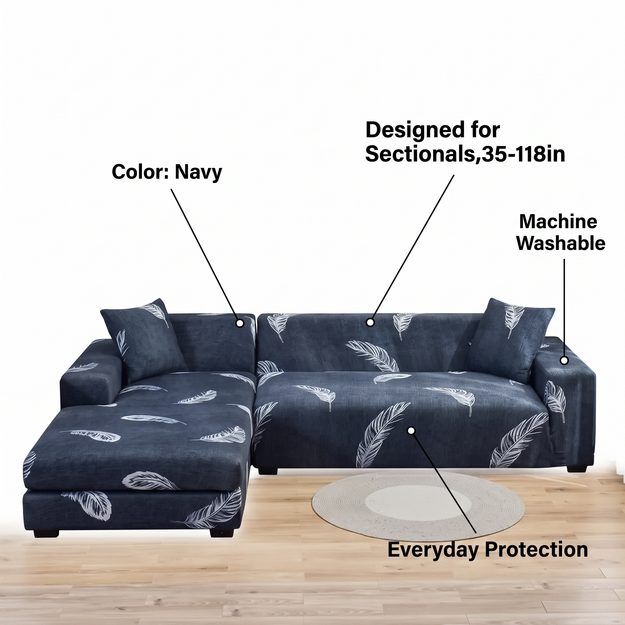 Stretch Sectional Couch Cover – Navy Feather Print – features and specifications overview | Brivenzo