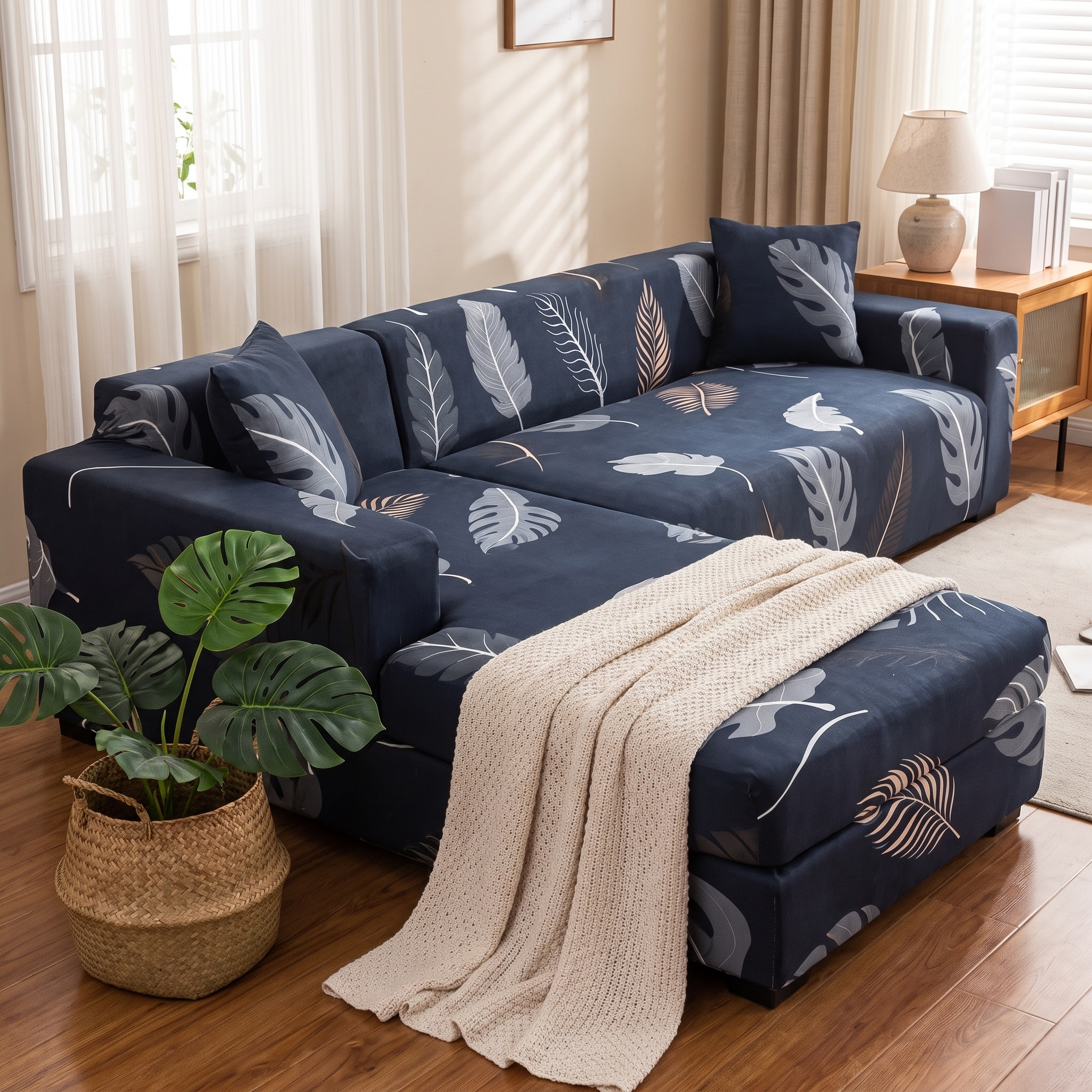 Stretch Sectional Couch Cover – Navy Tropical Leaf Print shown in a styled home interior | Brivenzo