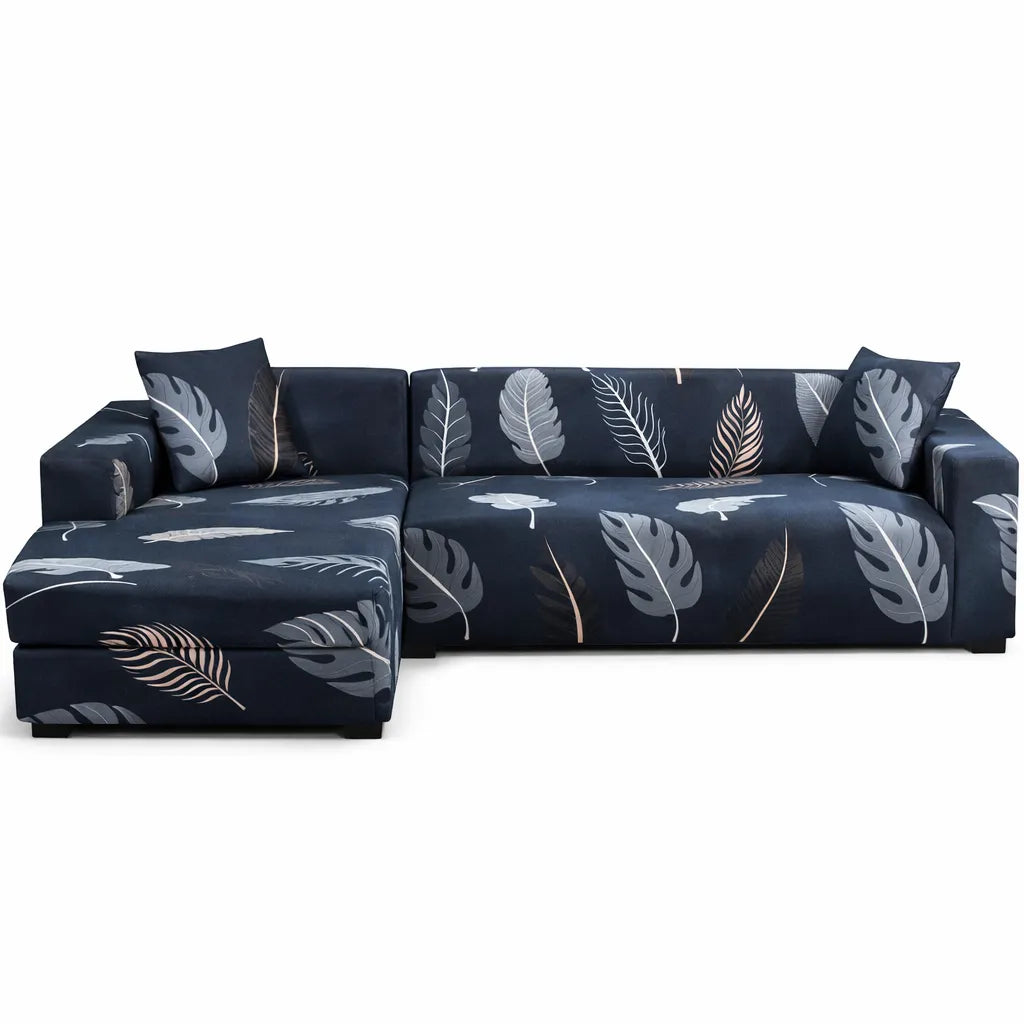 Stretch Sectional Couch Cover – Navy Tropical Leaf Print – product view 1 | Brivenzo