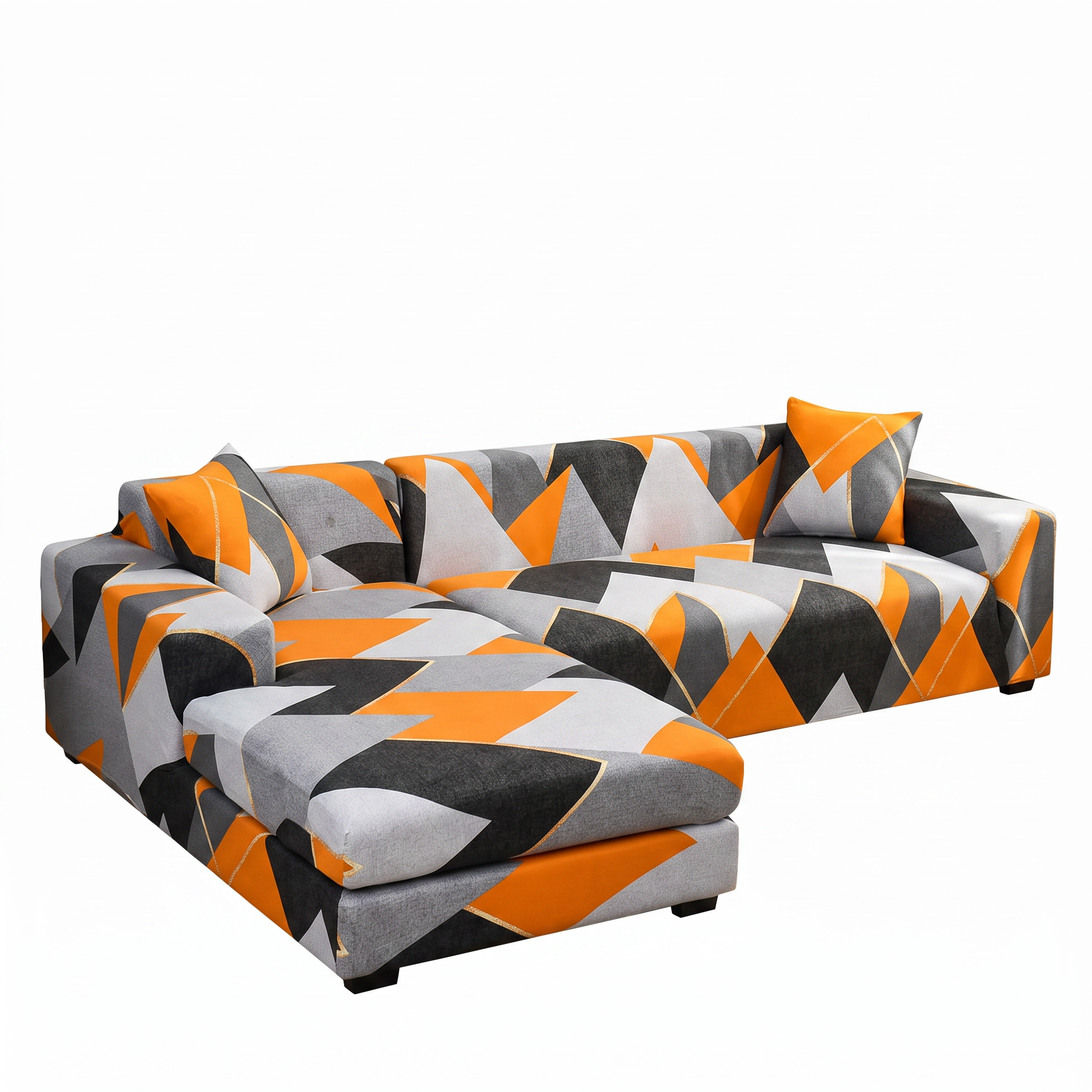 Stretch Sectional Couch Cover – Orange & Black Geometric Mountain Print – product photo on a white background | Brivenzo