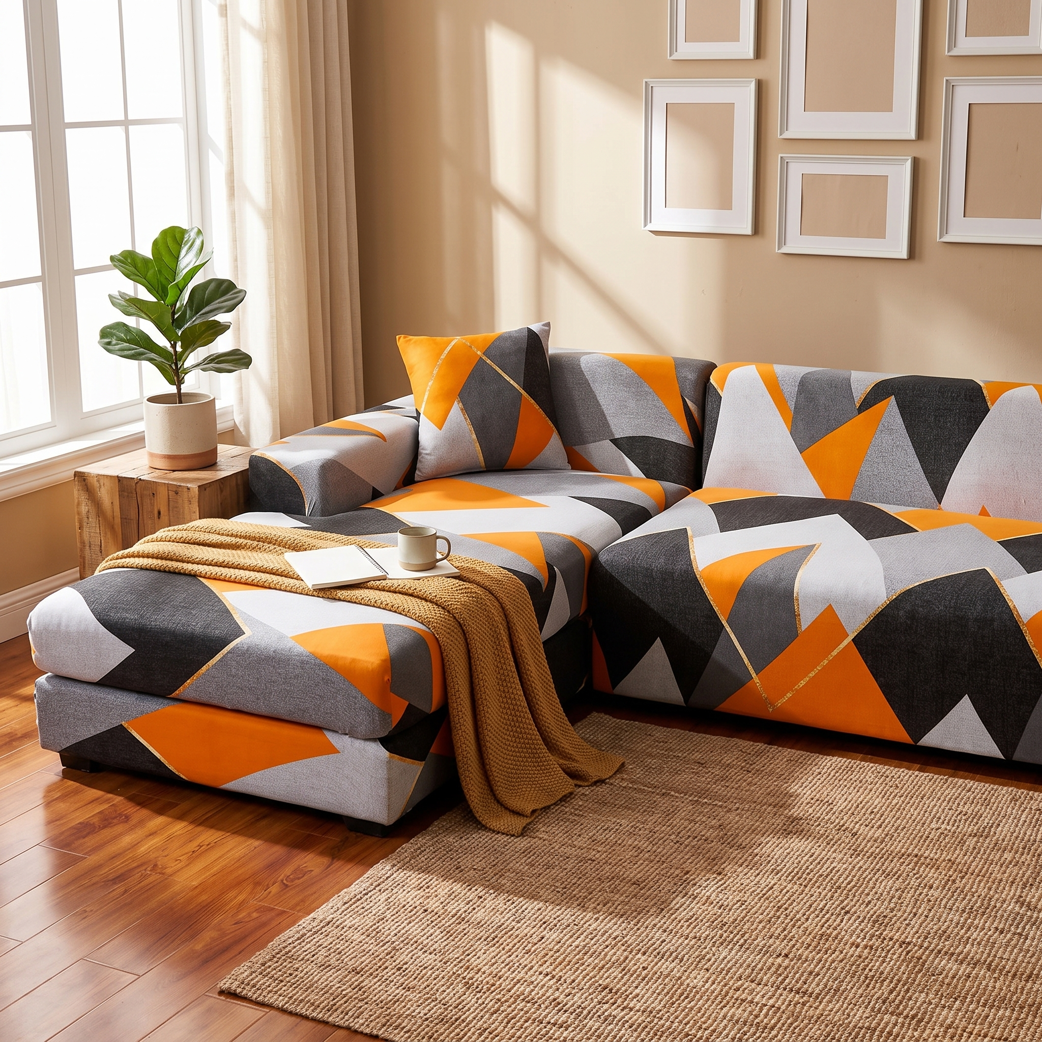 Stretch Sectional Couch Cover – Orange & Black Geometric Mountain Print shown in a styled home interior | Brivenzo