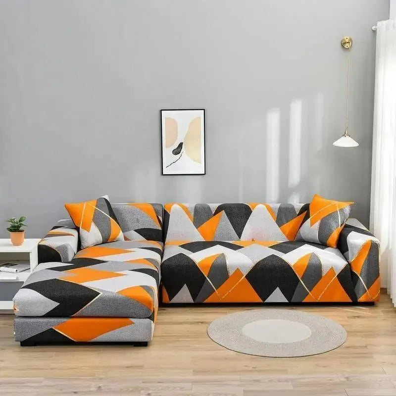 Stretch Sectional Couch Cover – Orange & Black Geometric Mountain Print – product view 4 | Brivenzo