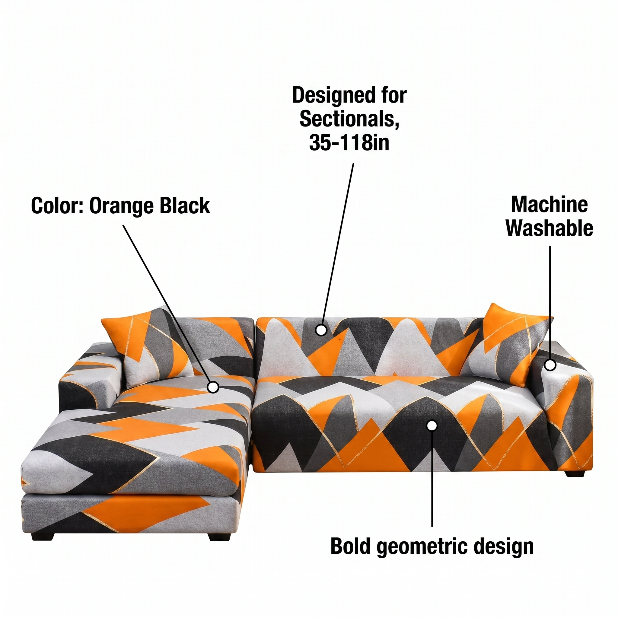 Stretch Sectional Couch Cover – Orange & Black Geometric Mountain Print – features and specifications overview | Brivenzo