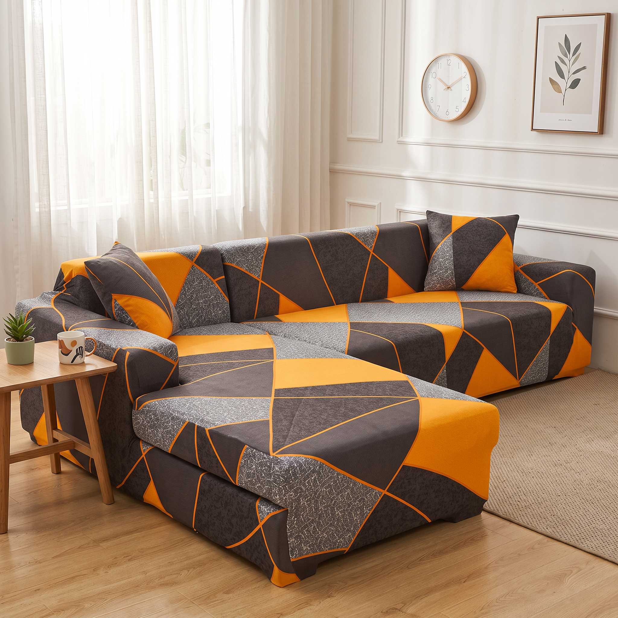 Stretch Sectional Couch Cover – Orange & Black Geometric Print shown in a styled home interior | Brivenzo