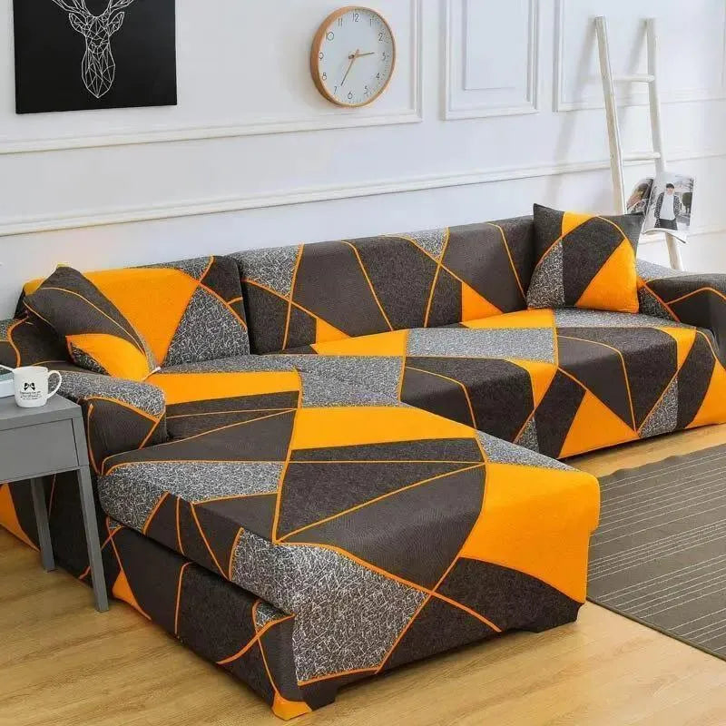 Stretch Sectional Couch Cover – Orange & Black Geometric Print – product view 4 | Brivenzo