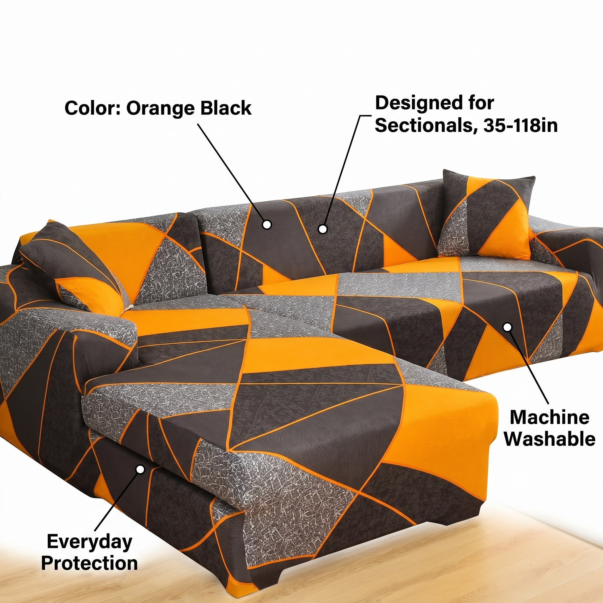 Stretch Sectional Couch Cover – Orange & Black Geometric Print – features and specifications overview | Brivenzo
