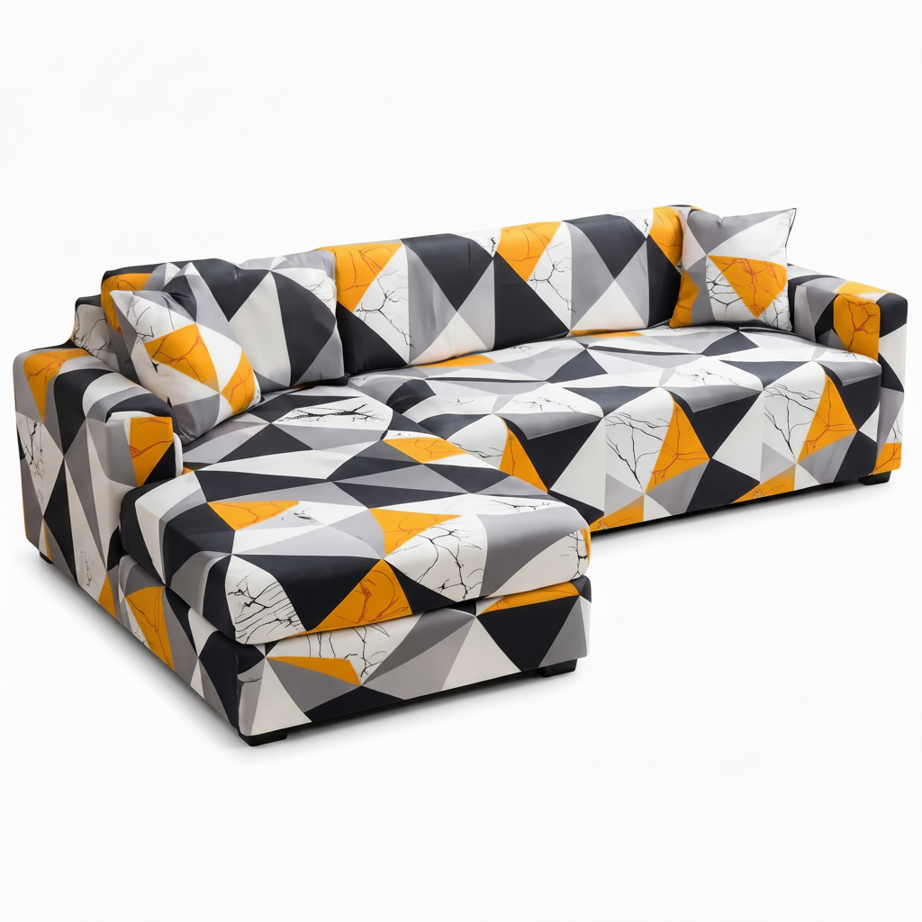 Stretch Sectional Couch Cover – Orange Black Geometric Mosaic – product photo on a white background | Brivenzo
