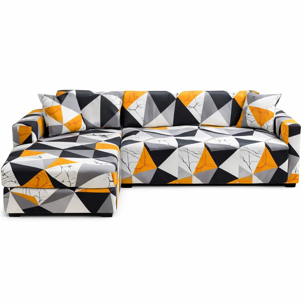 Stretch Sectional Couch Cover – Orange Black Geometric Mosaic – product view 4 | Brivenzo
