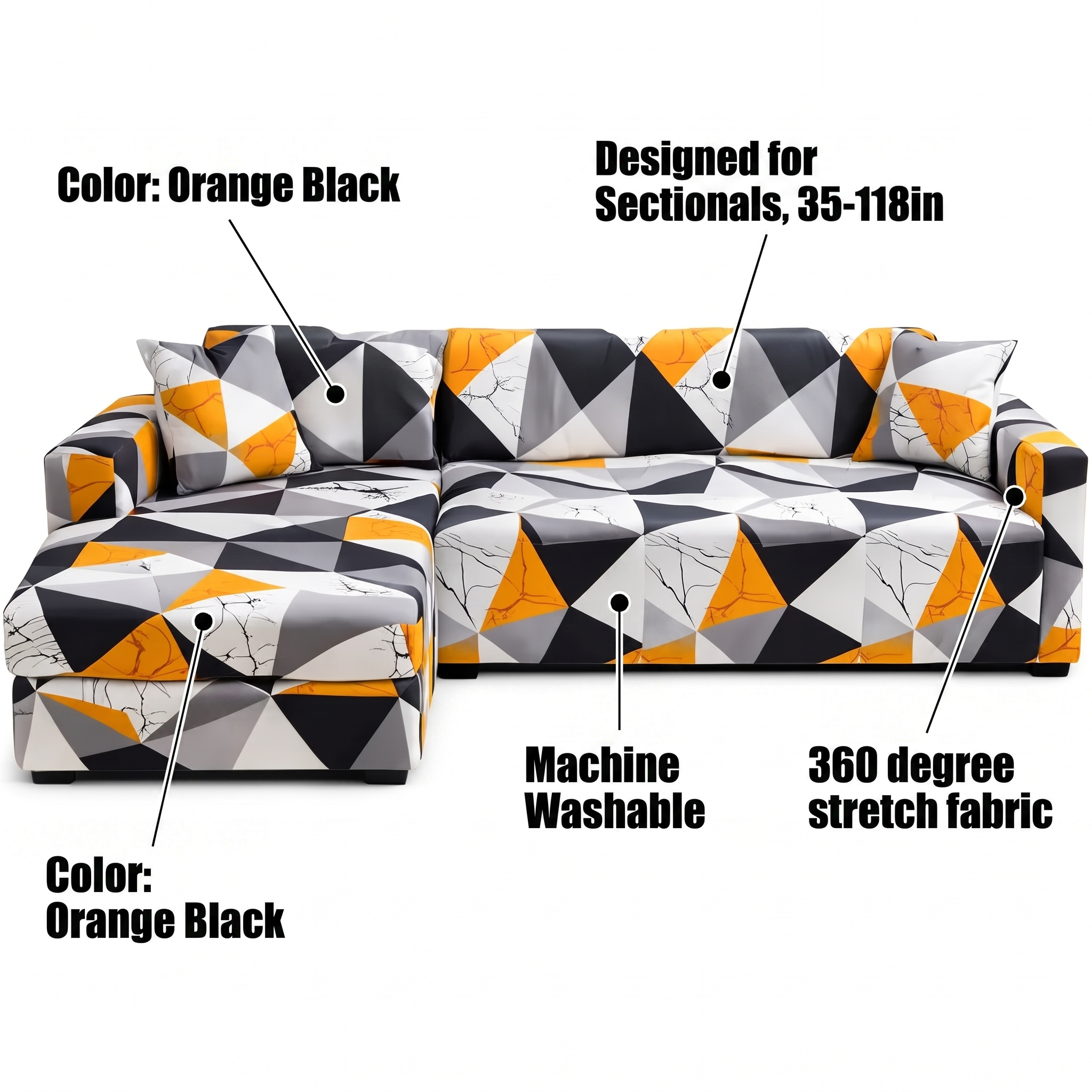 Stretch Sectional Couch Cover – Orange Black Geometric Mosaic – features and specifications overview | Brivenzo