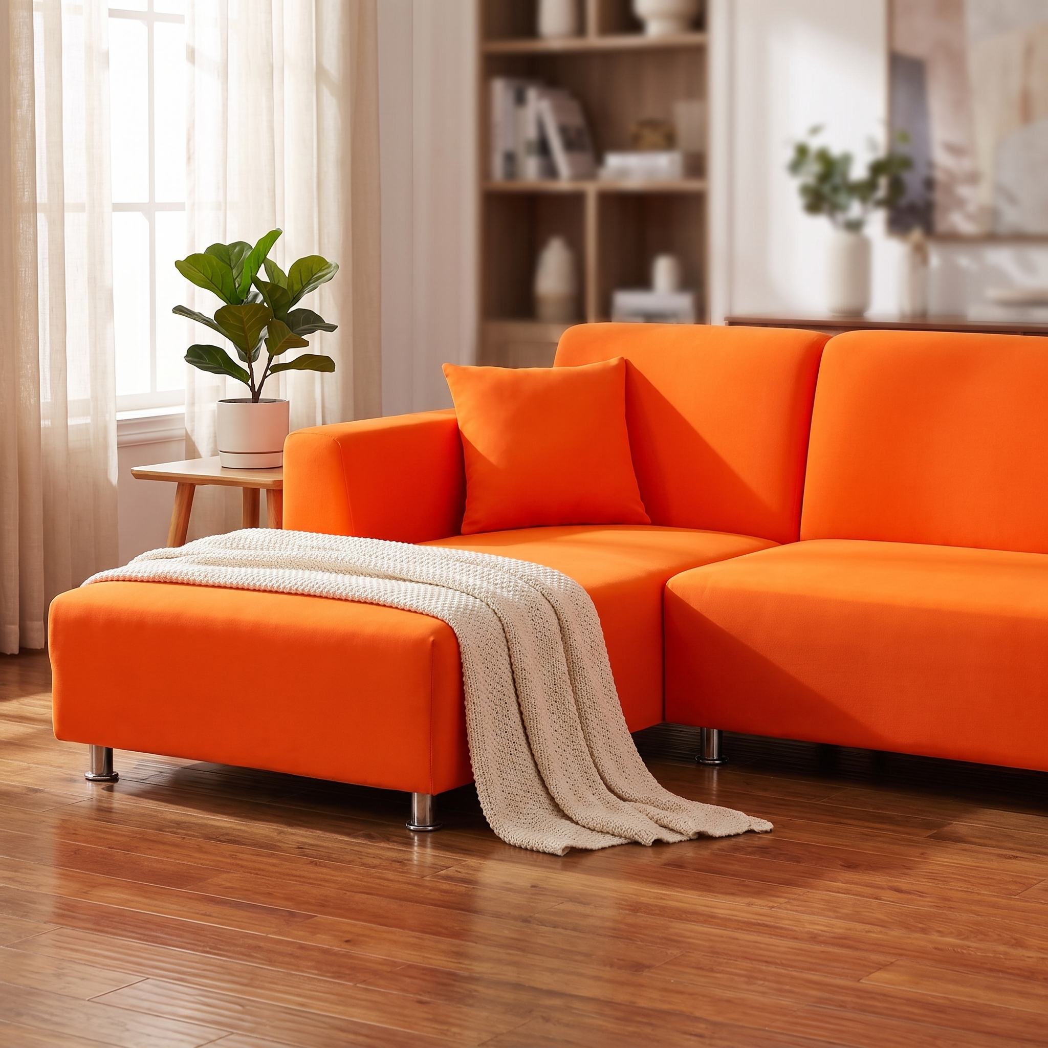 Stretch Sectional Couch Cover – Orange shown in a styled home interior | Brivenzo