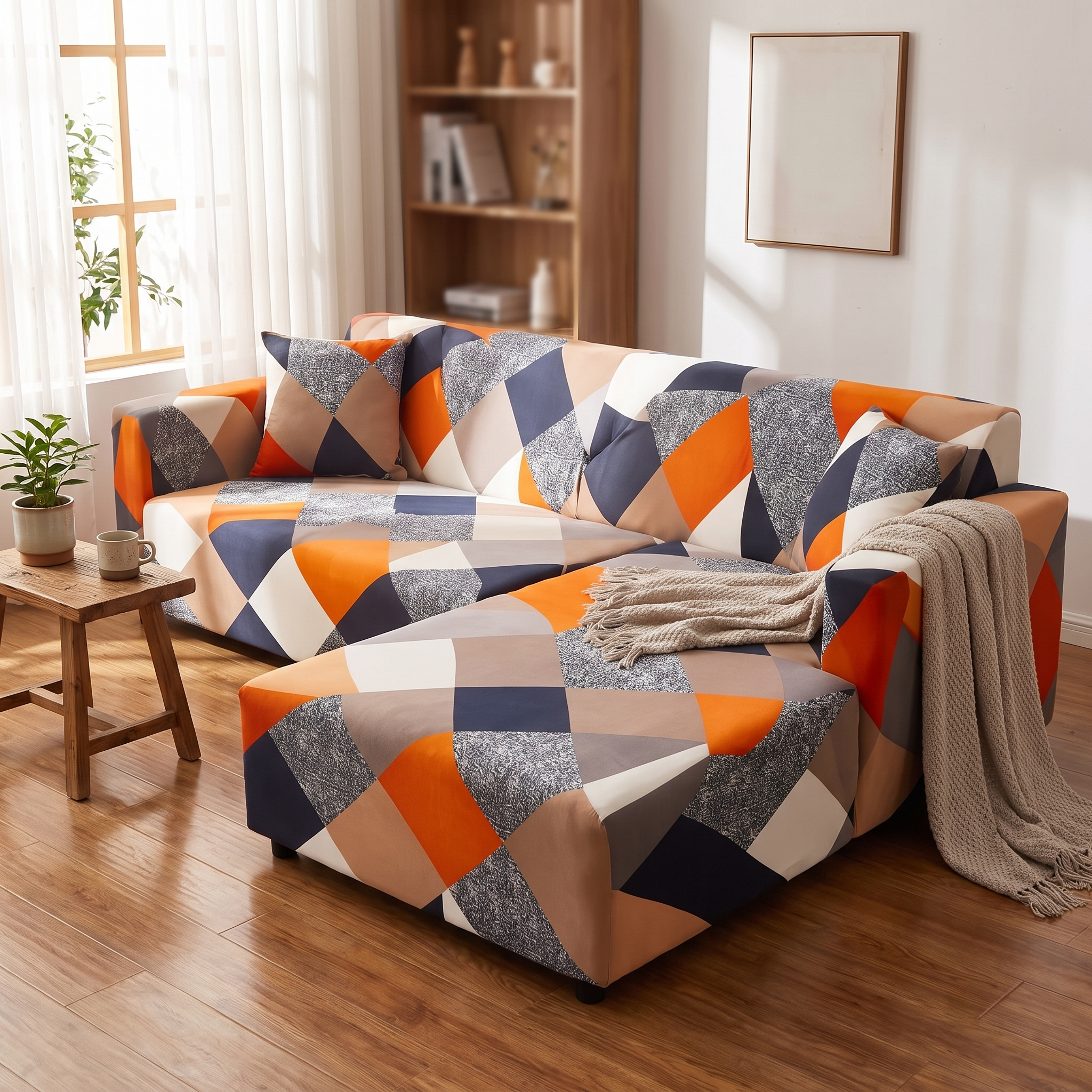 Stretch Sectional Couch Cover – Orange shown in a styled home interior | Brivenzo
