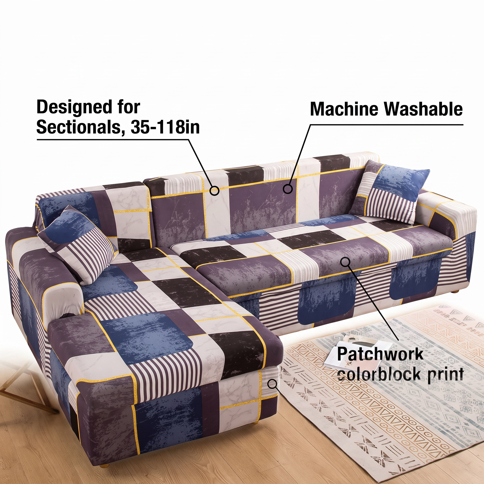 Stretch Sectional Couch Cover – Patchwork Colorblock Print – features and specifications overview | Brivenzo