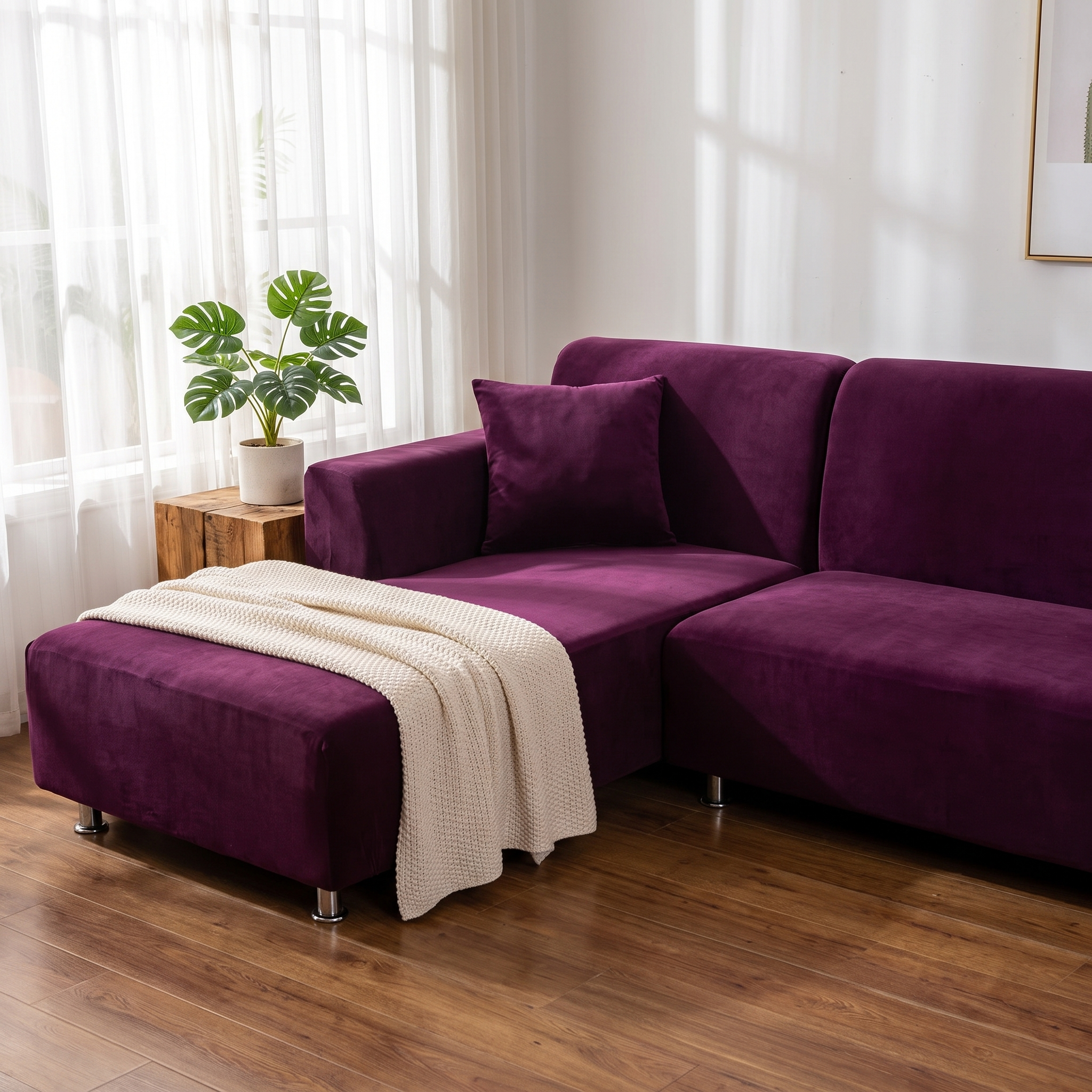 Stretch Sectional Couch Cover – Purple shown in a styled home interior | Brivenzo