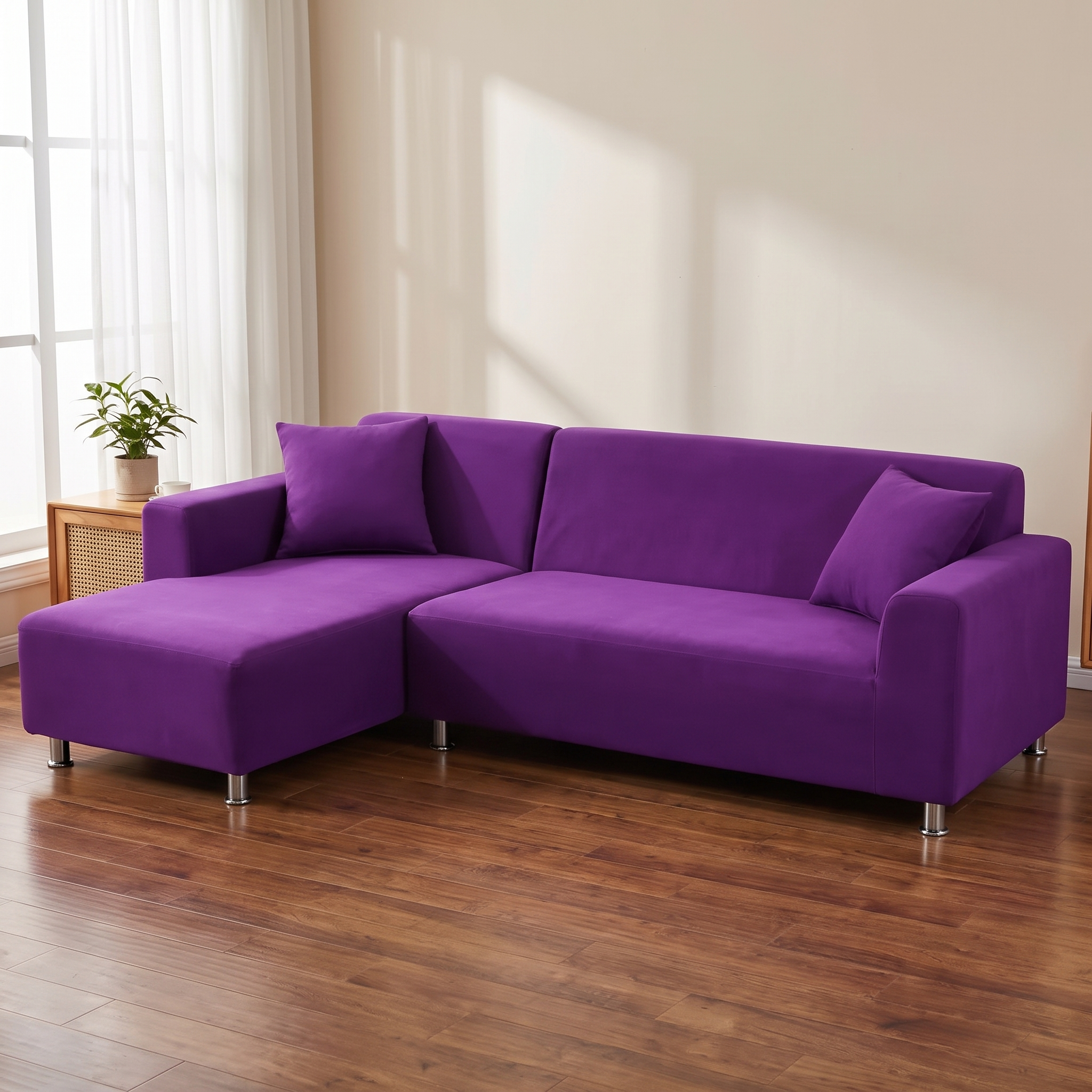 Stretch Sectional Couch Cover – Purple Stretch Fabric shown in a styled home interior | Brivenzo
