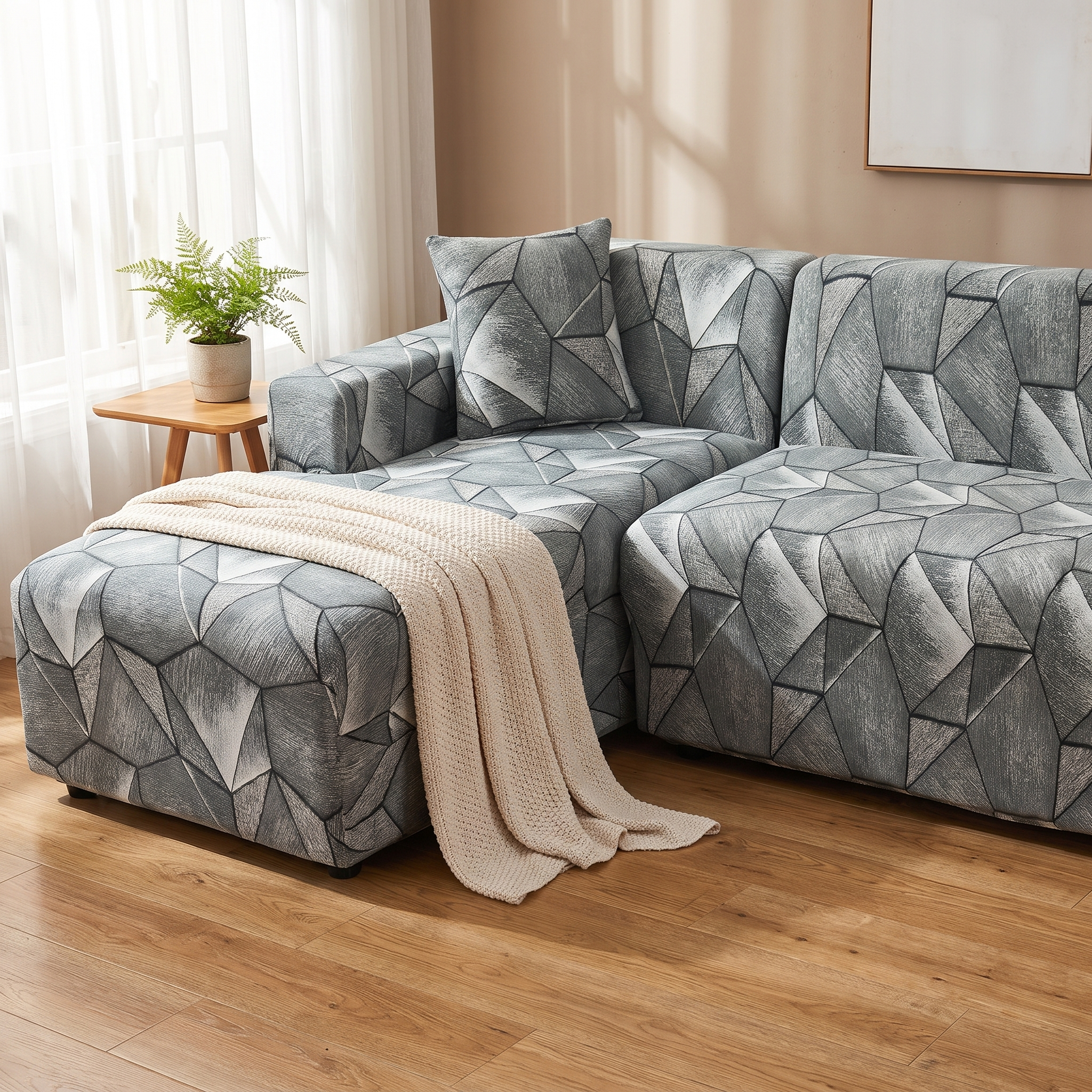 Stretch Sectional Couch Cover – Sage Geometric Diamond Print shown in a styled home interior | Brivenzo