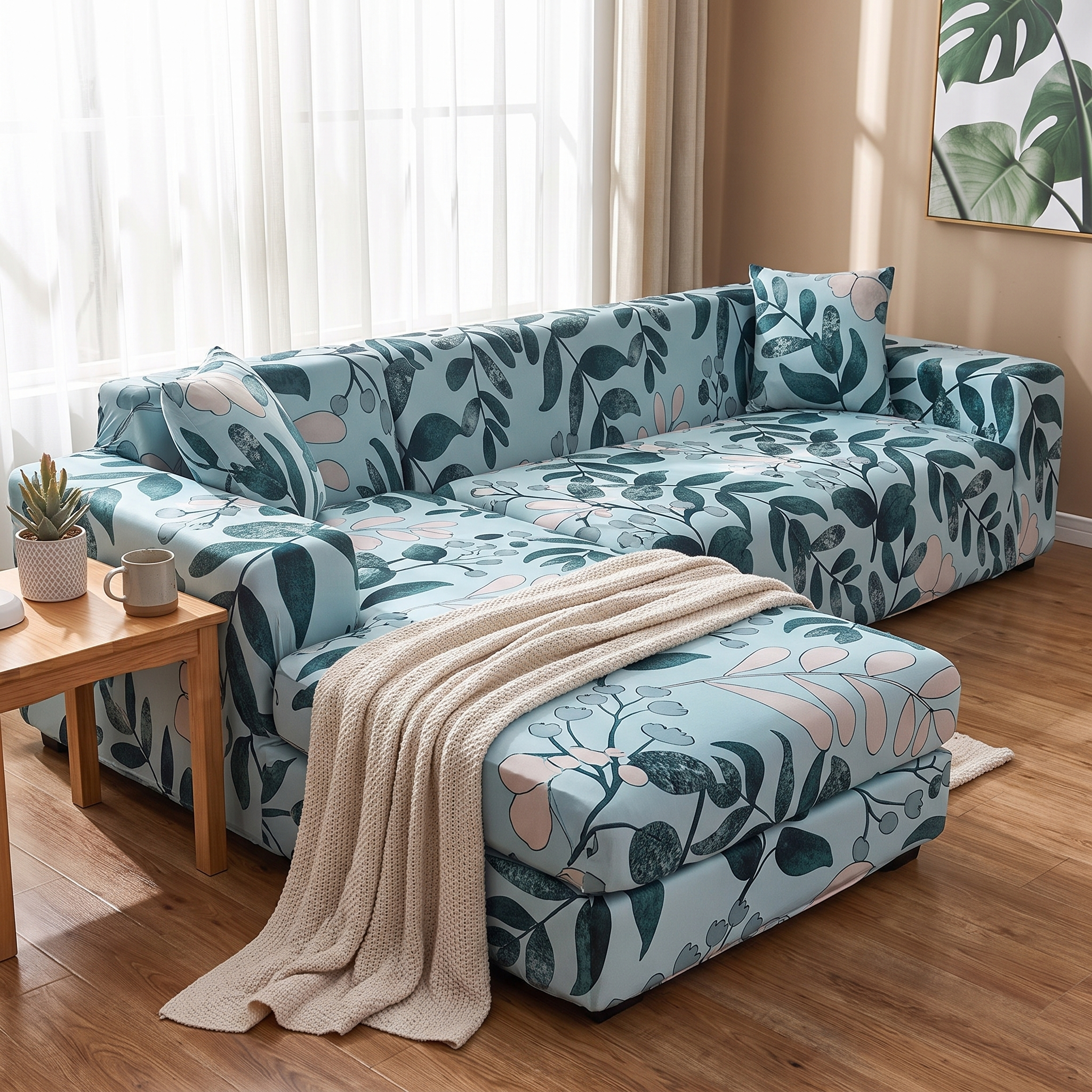 Stretch Sectional Couch Cover – Sky Blue Botanical Leaf Print shown in a styled home interior | Brivenzo