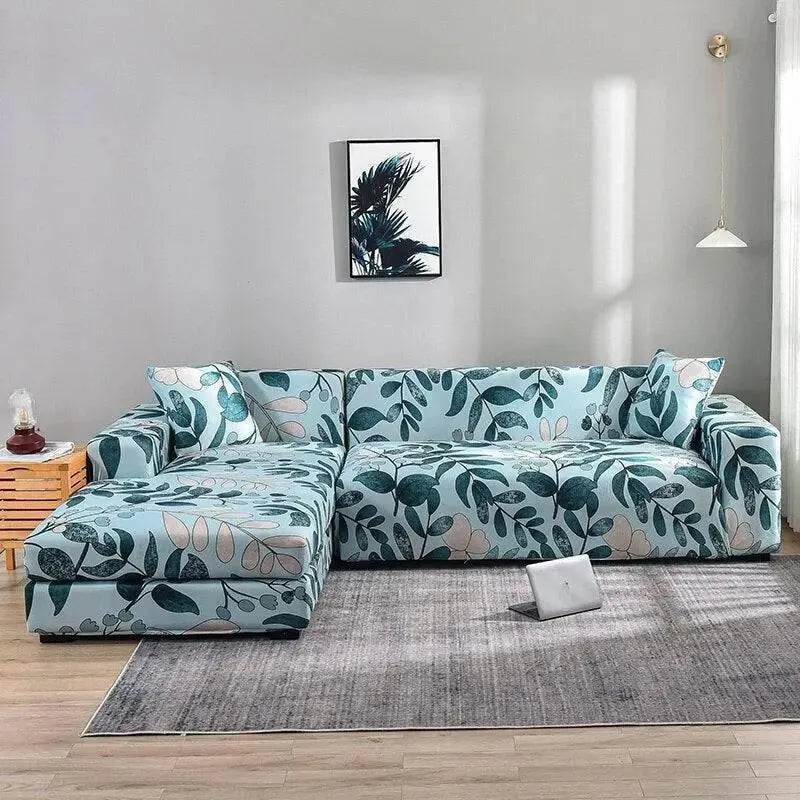 Stretch Sectional Couch Cover – Sky Blue Botanical Leaf Print – product view 4 | Brivenzo