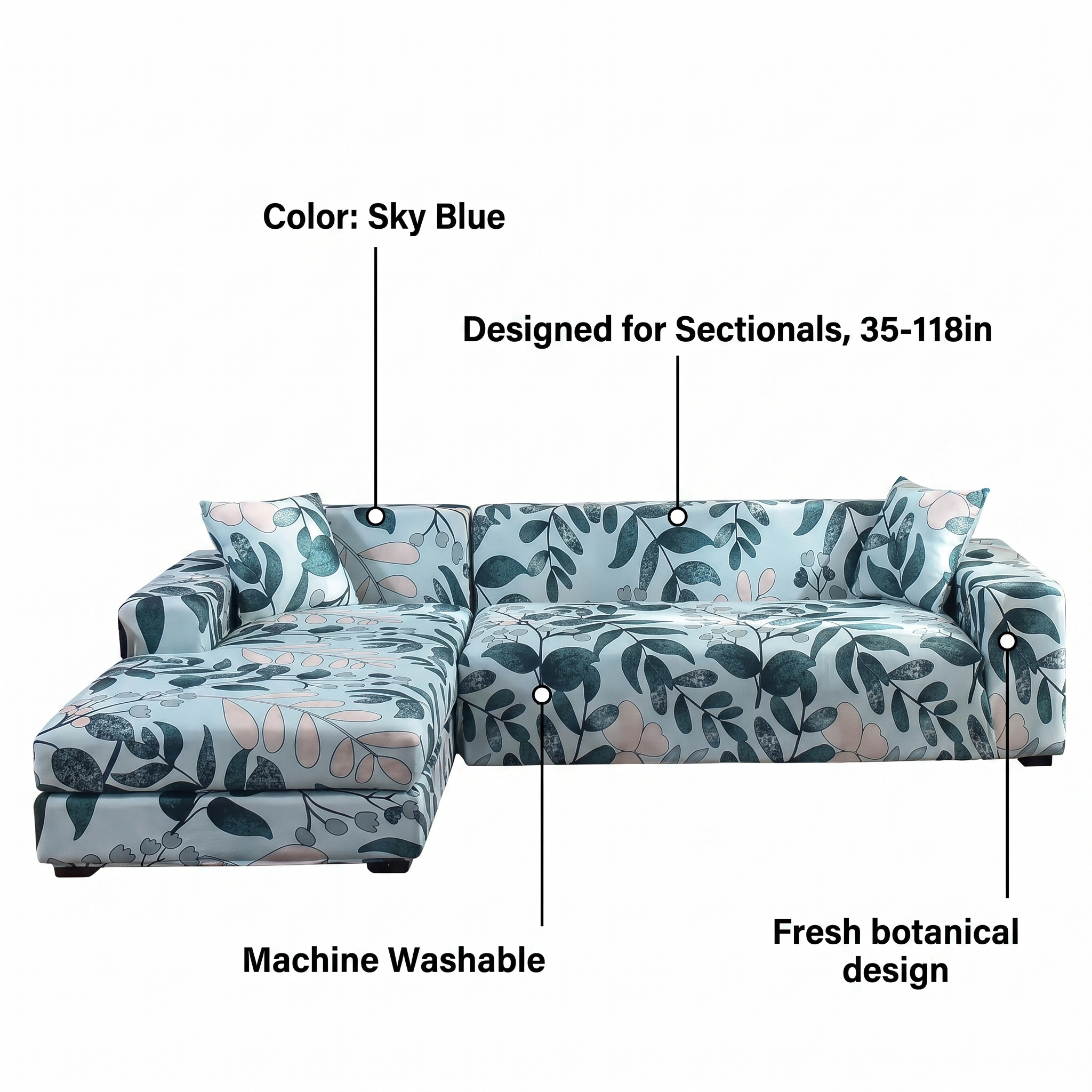 Stretch Sectional Couch Cover – Sky Blue Botanical Leaf Print – features and specifications overview | Brivenzo