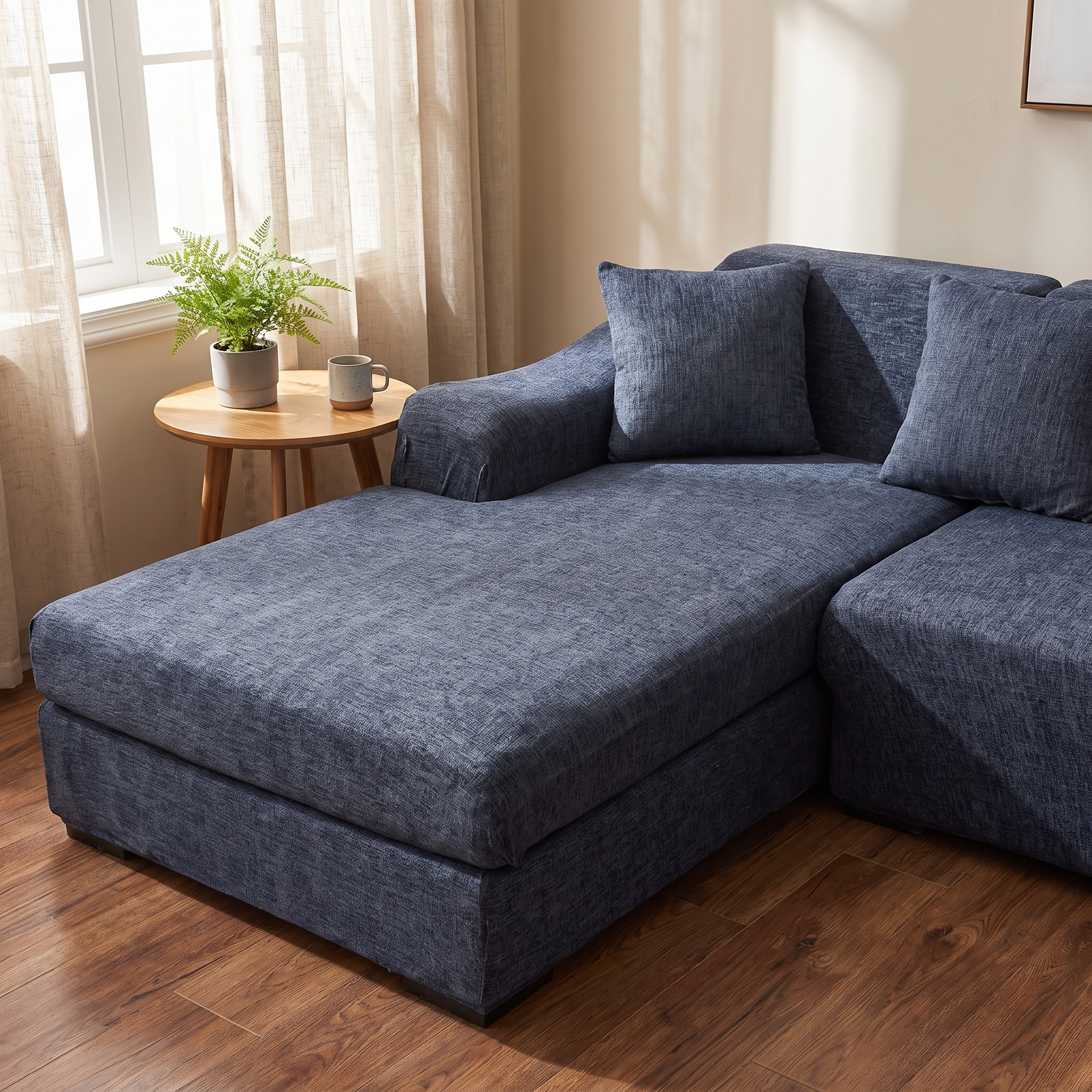 Stretch Sectional Couch Cover – Slate Blue Crosshatch Print shown in a styled home interior | Brivenzo