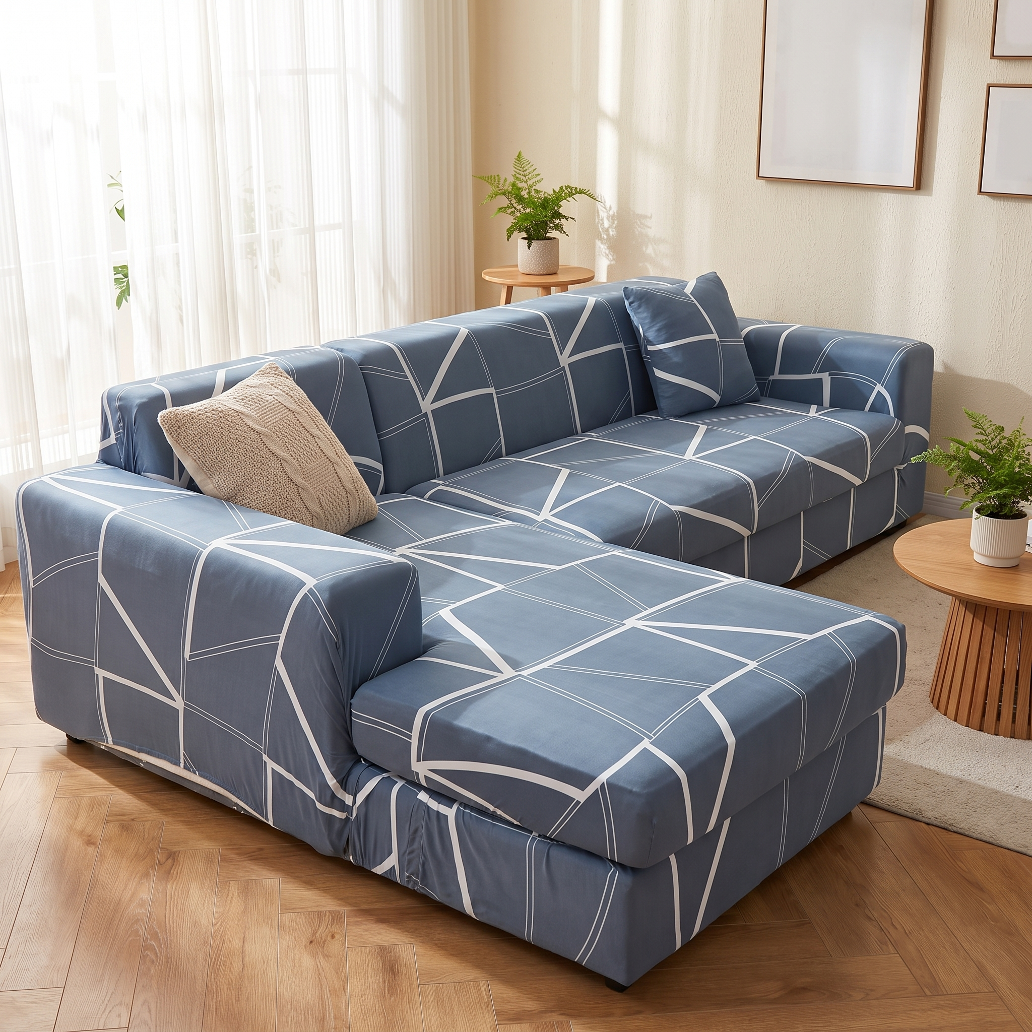 Stretch Sectional Couch Cover – Slate Blue Fractured Line Print shown in a styled home interior | Brivenzo
