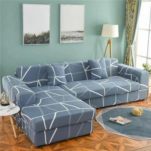 Stretch Sectional Couch Cover – Slate Blue Fractured Line Print – product view 4 | Brivenzo
