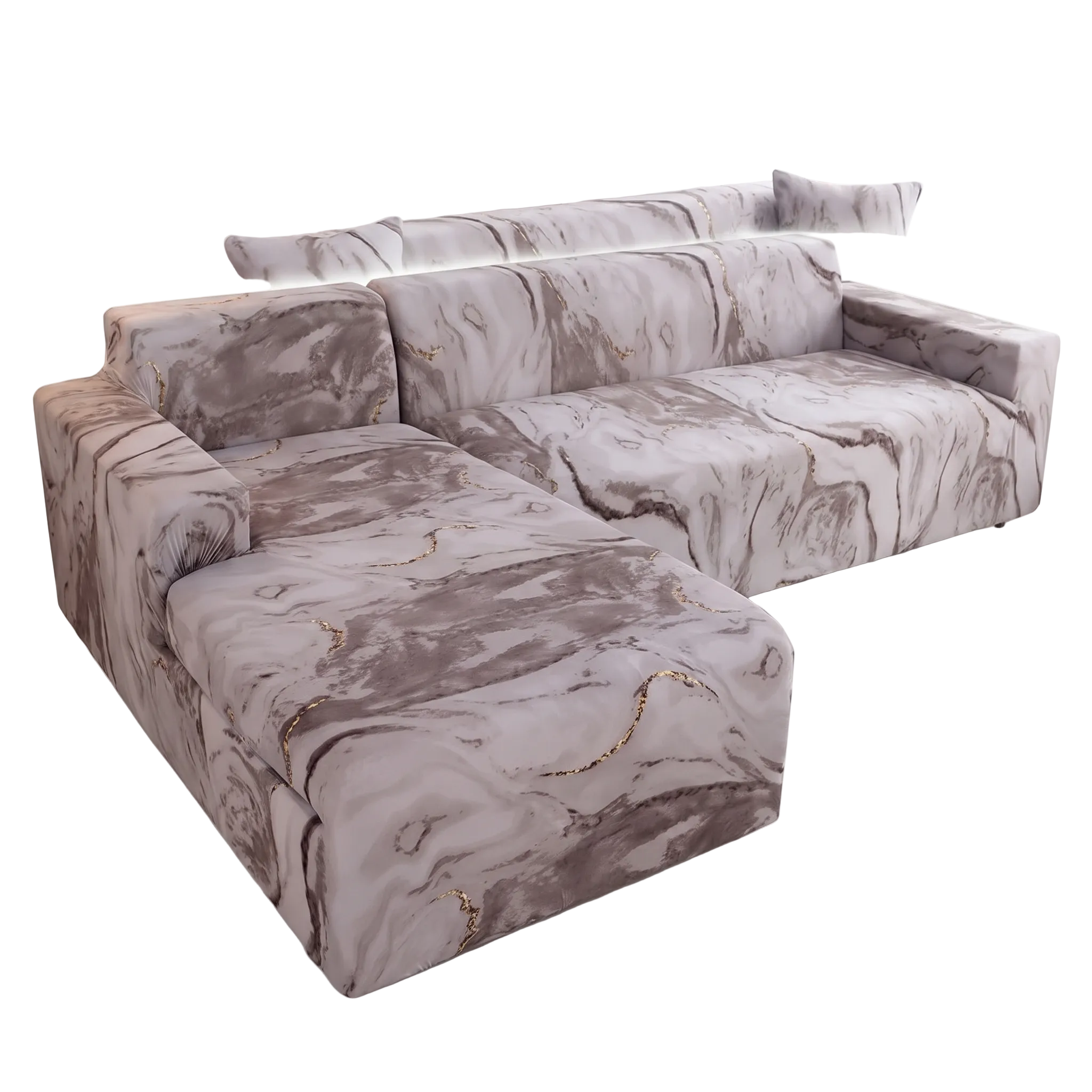 Stretch Sectional Couch Cover – Taupe Gold-Vein Marble Print – product photo on a white background | Brivenzo