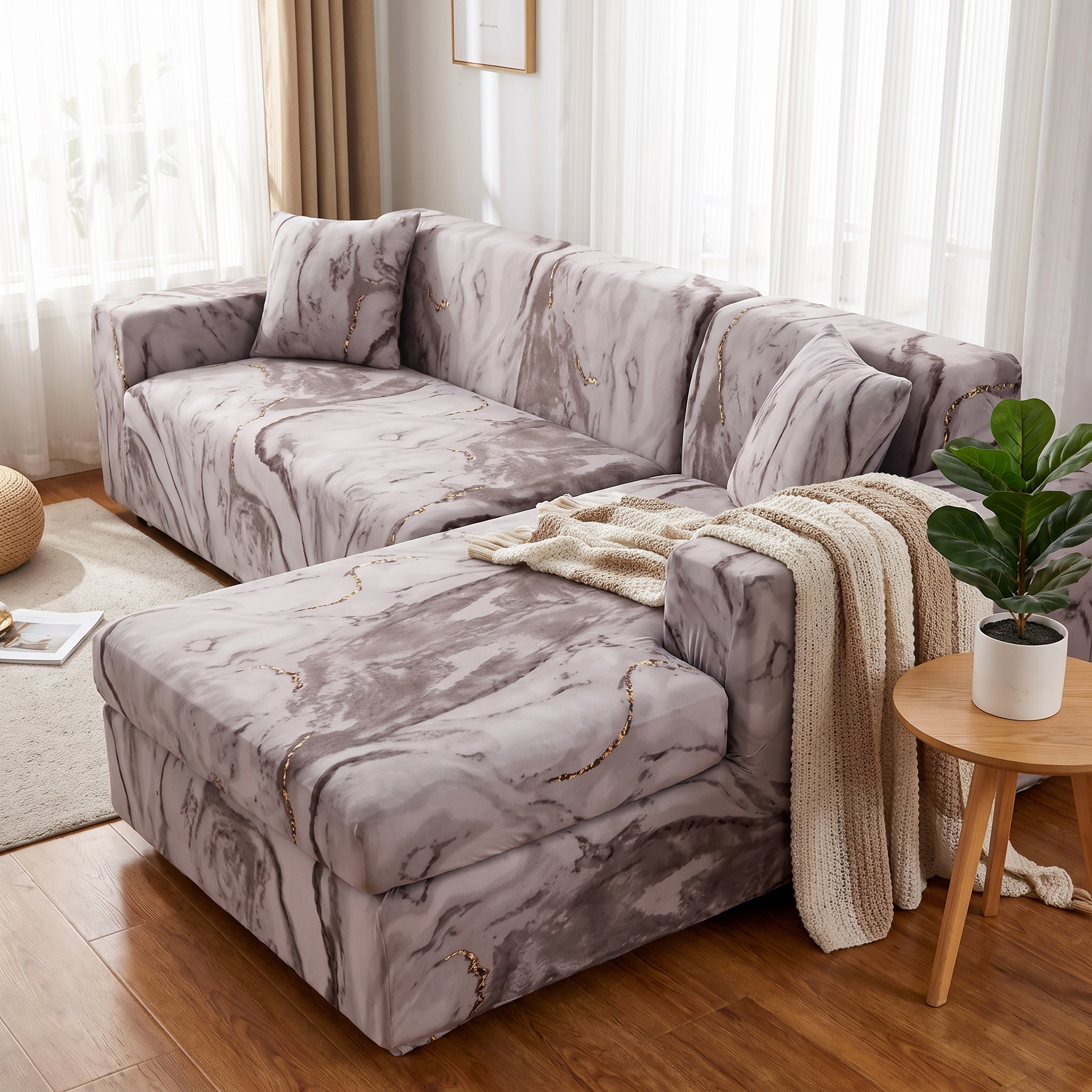 Stretch Sectional Couch Cover – Taupe Gold-Vein Marble Print shown in a styled home interior | Brivenzo