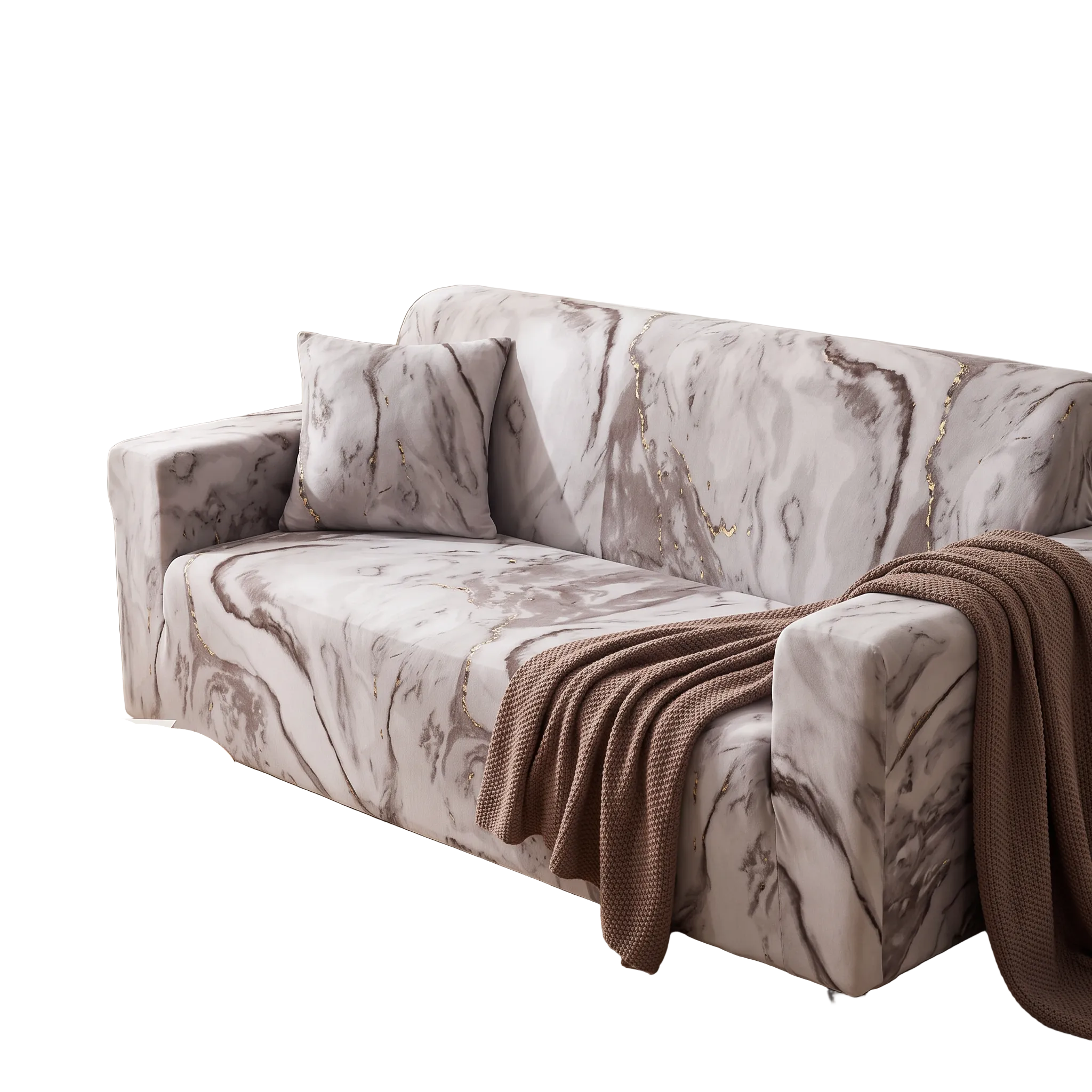 Stretch Sectional Couch Cover – Taupe Grey Marble Print shown in a styled home interior | Brivenzo