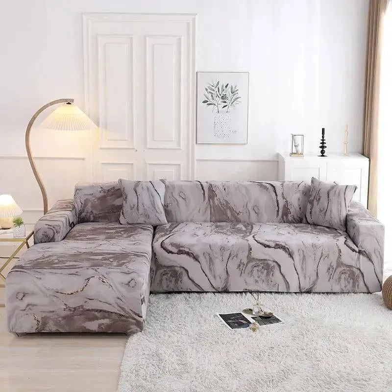 Stretch Sectional Couch Cover – Taupe Grey Marble Print – product view 3 | Brivenzo