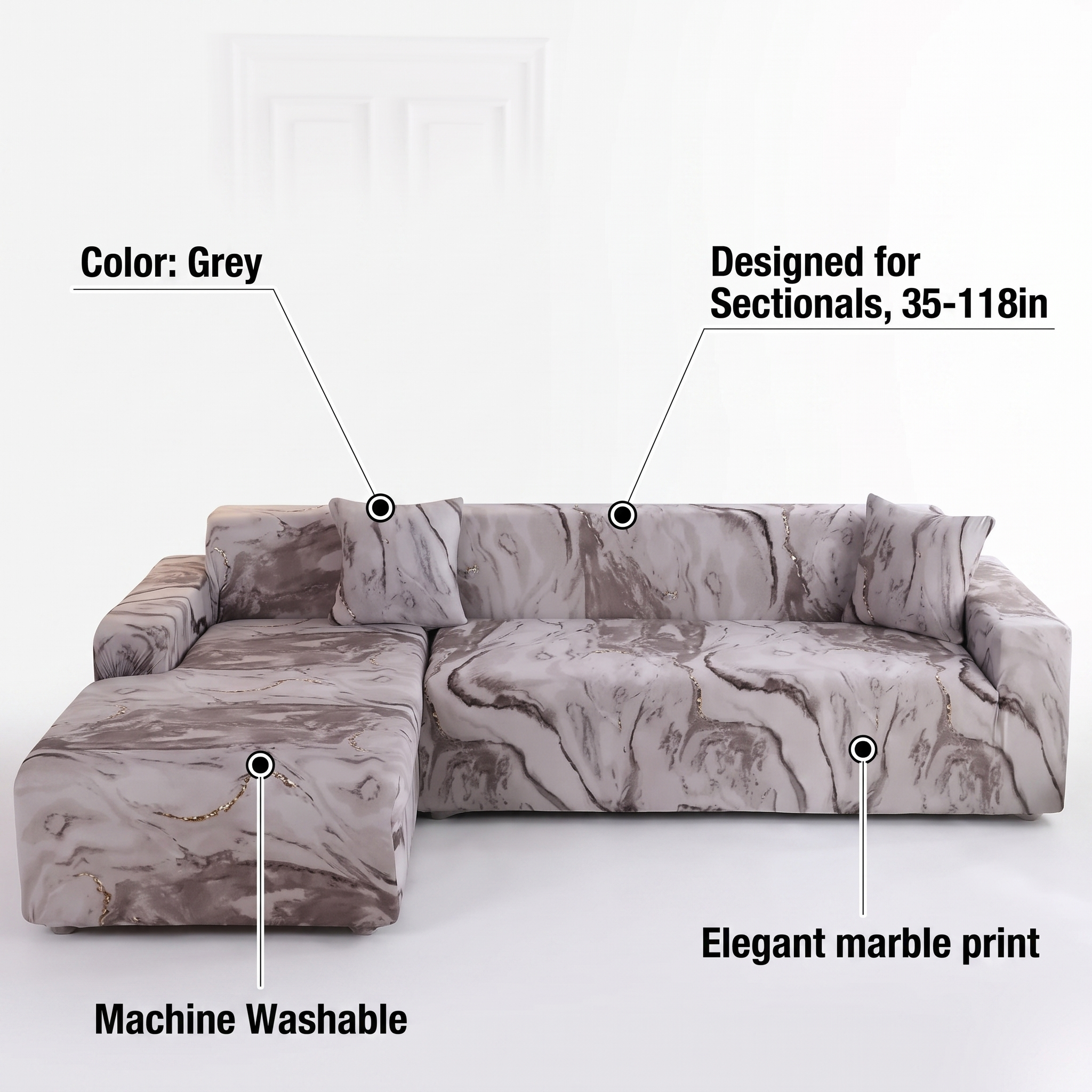 Stretch Sectional Couch Cover – Taupe Grey Marble Print – features and specifications overview | Brivenzo
